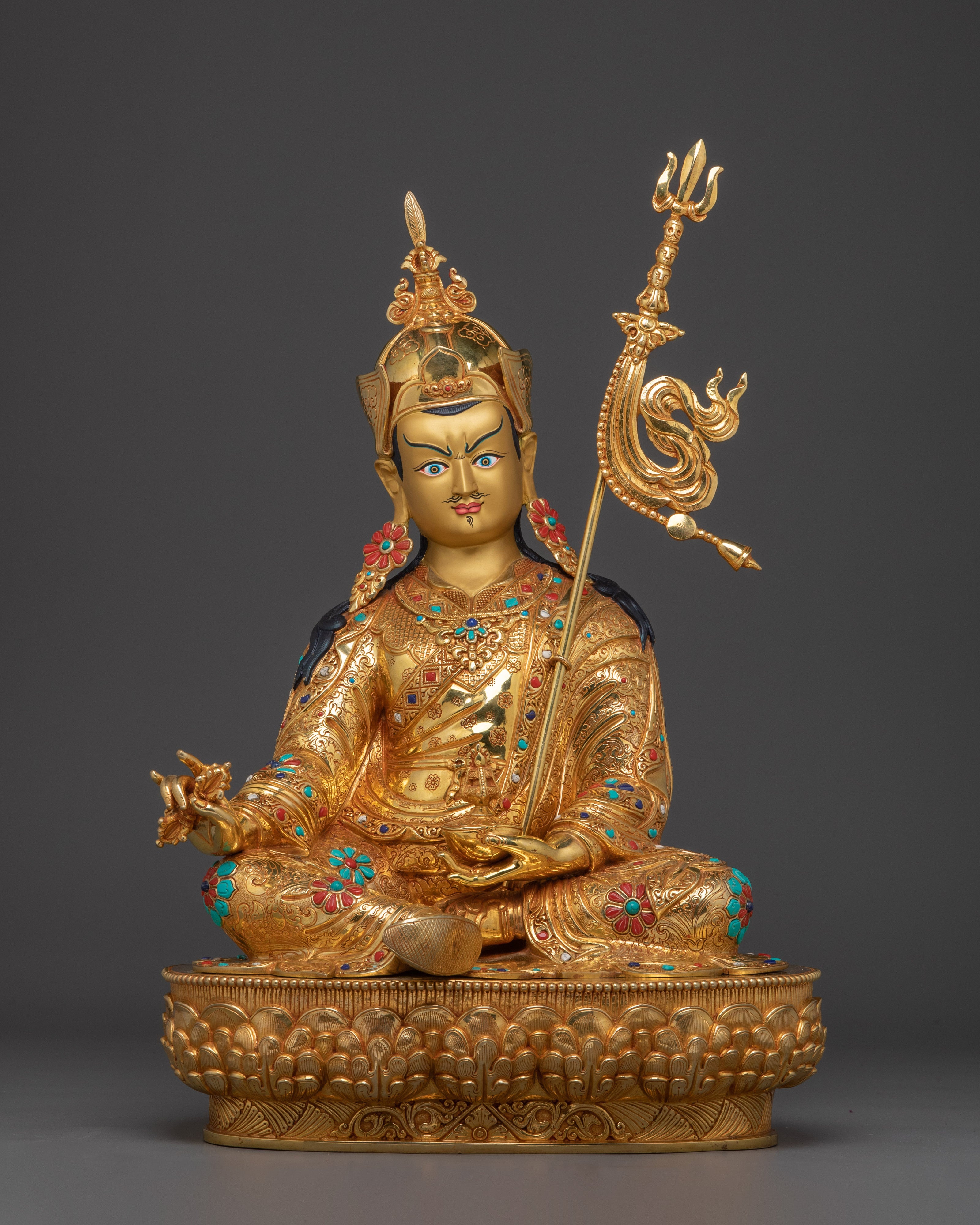 Guru Rinpoche Statue with Copper and Gemstones