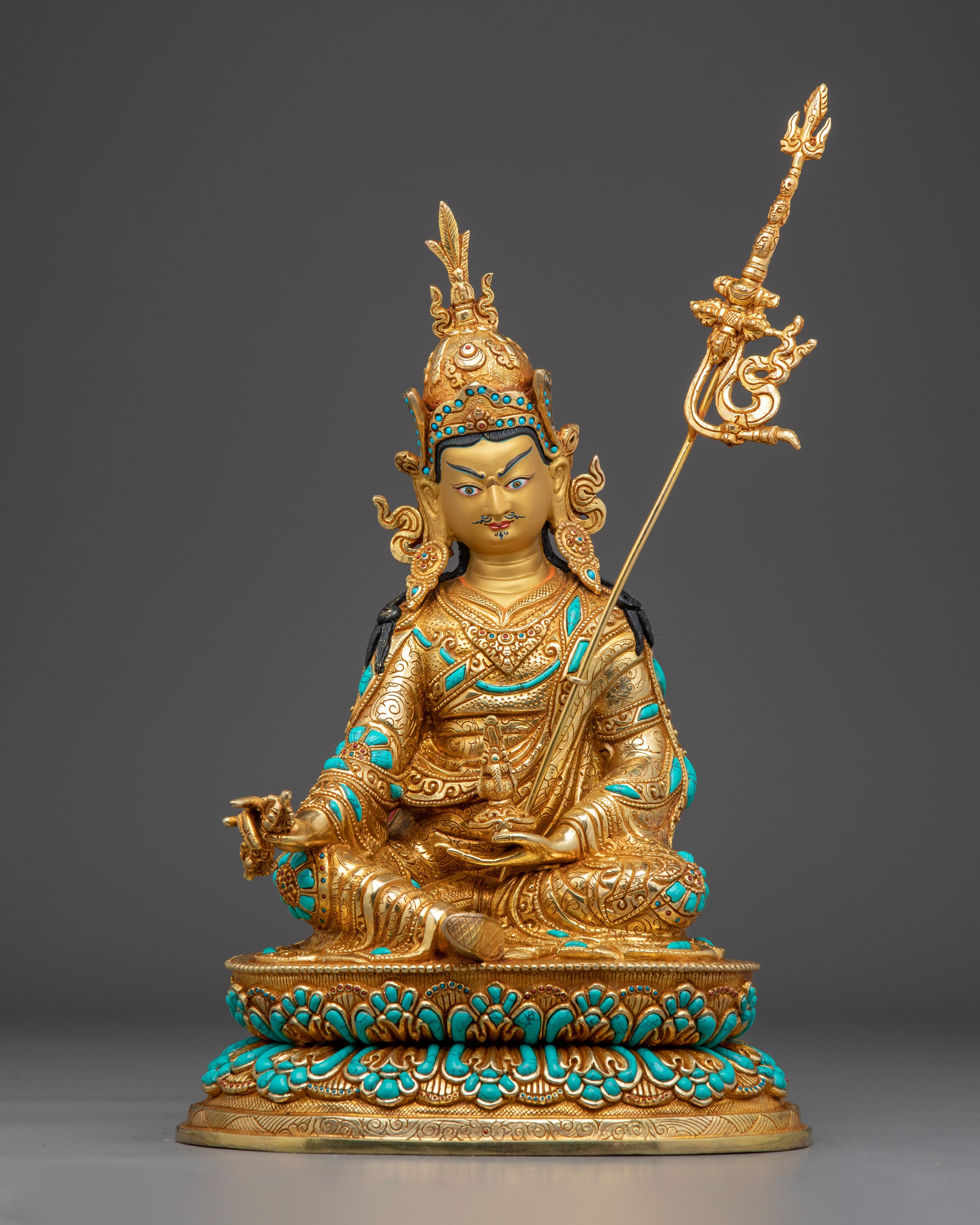 Guru Rinpoche statue in 24K gold gilded copper