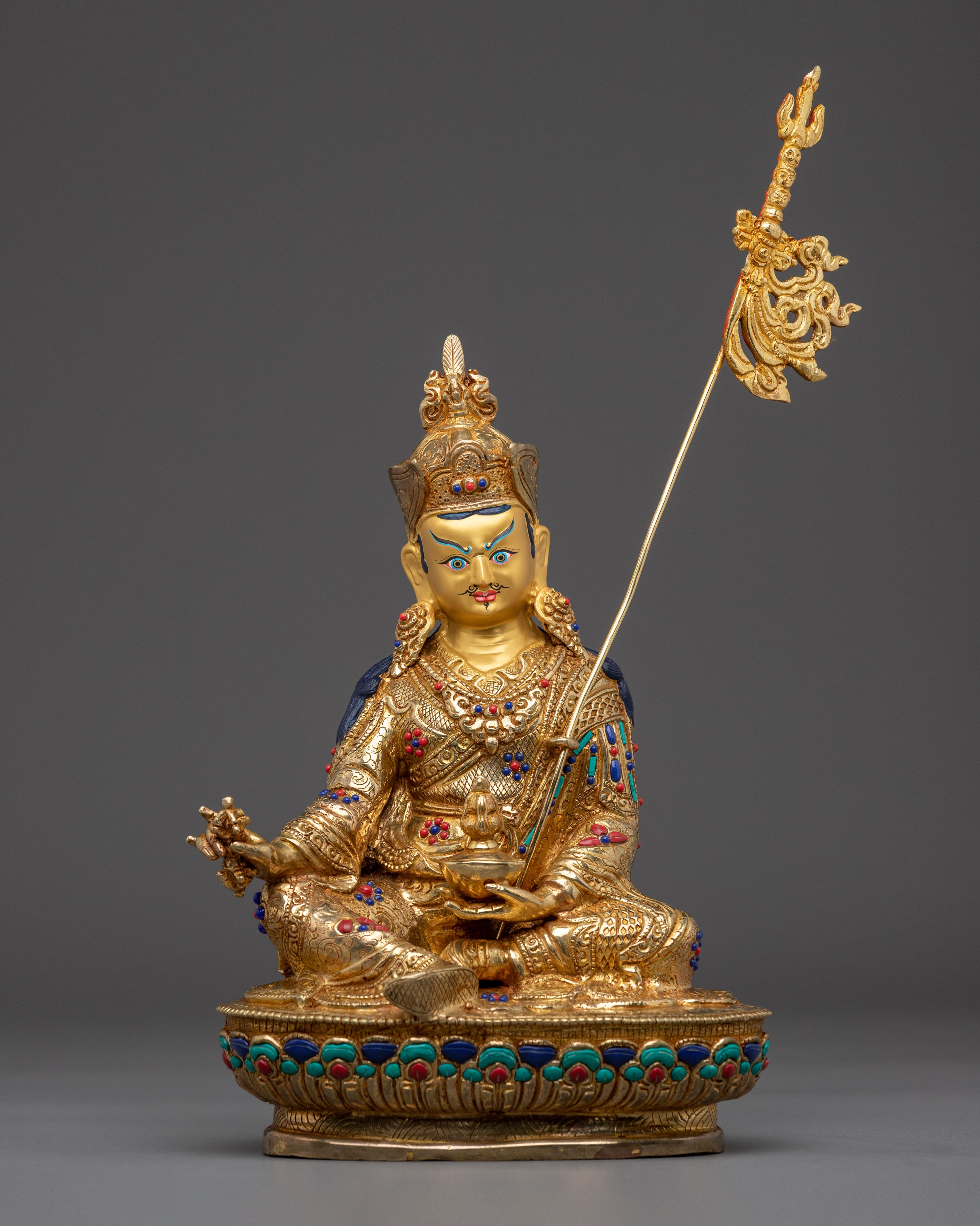 Gemstone-Adorned 24K Gold Guru Rinpoche Statue