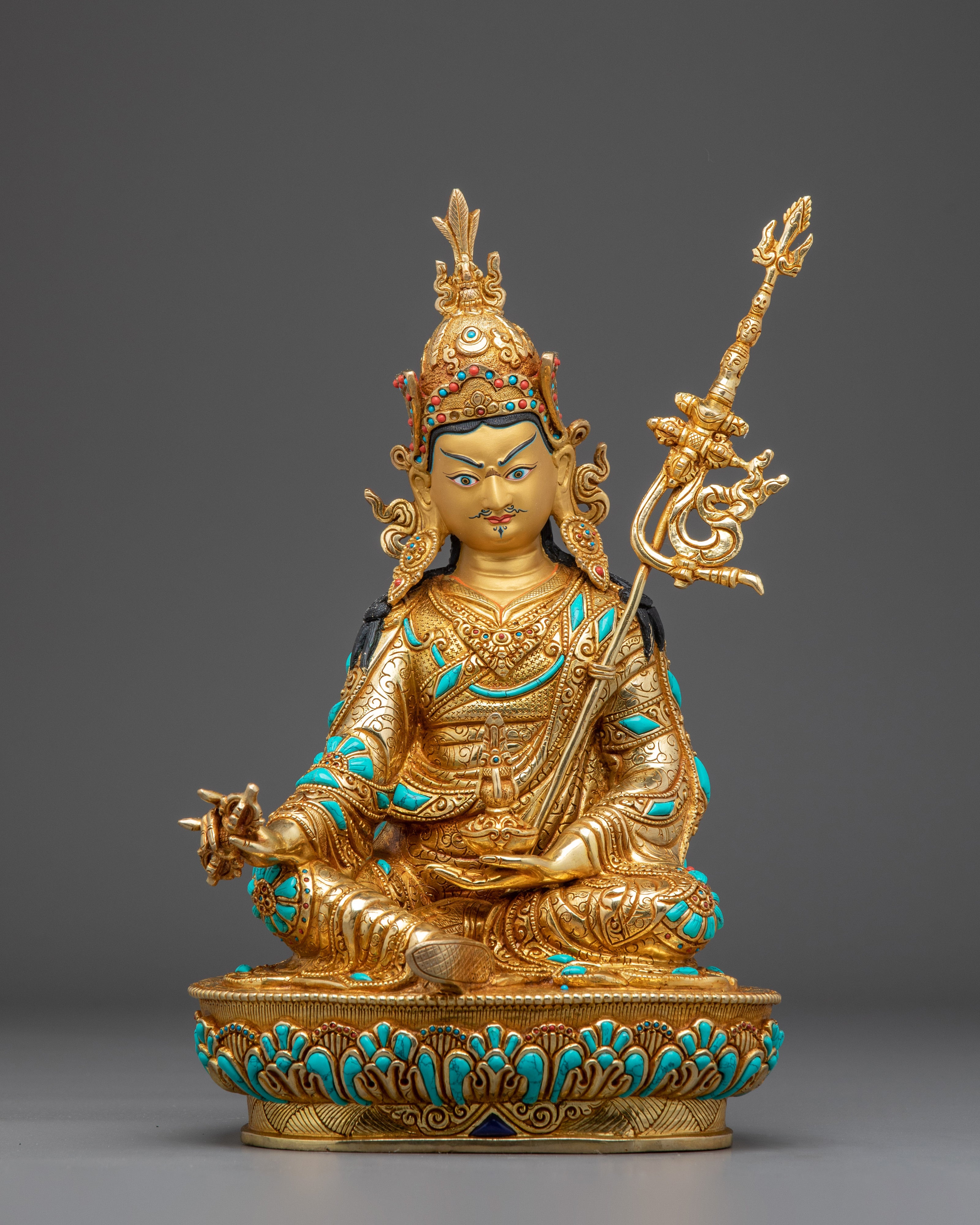 Guru Rinpoche 24K Gold Gilded Statue with Gemstones
