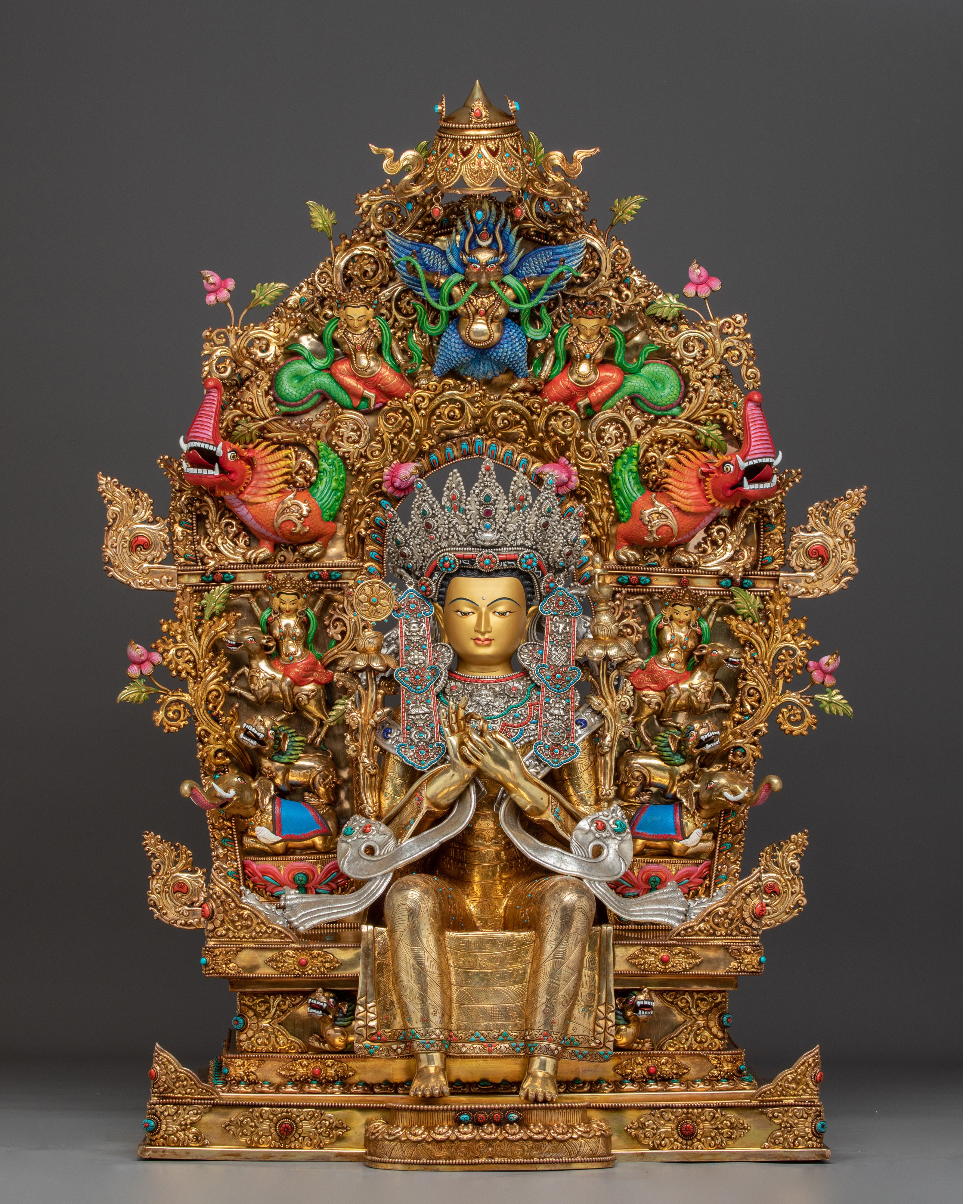 Handmade Majestic Maitreya Buddha Statue with Throne
