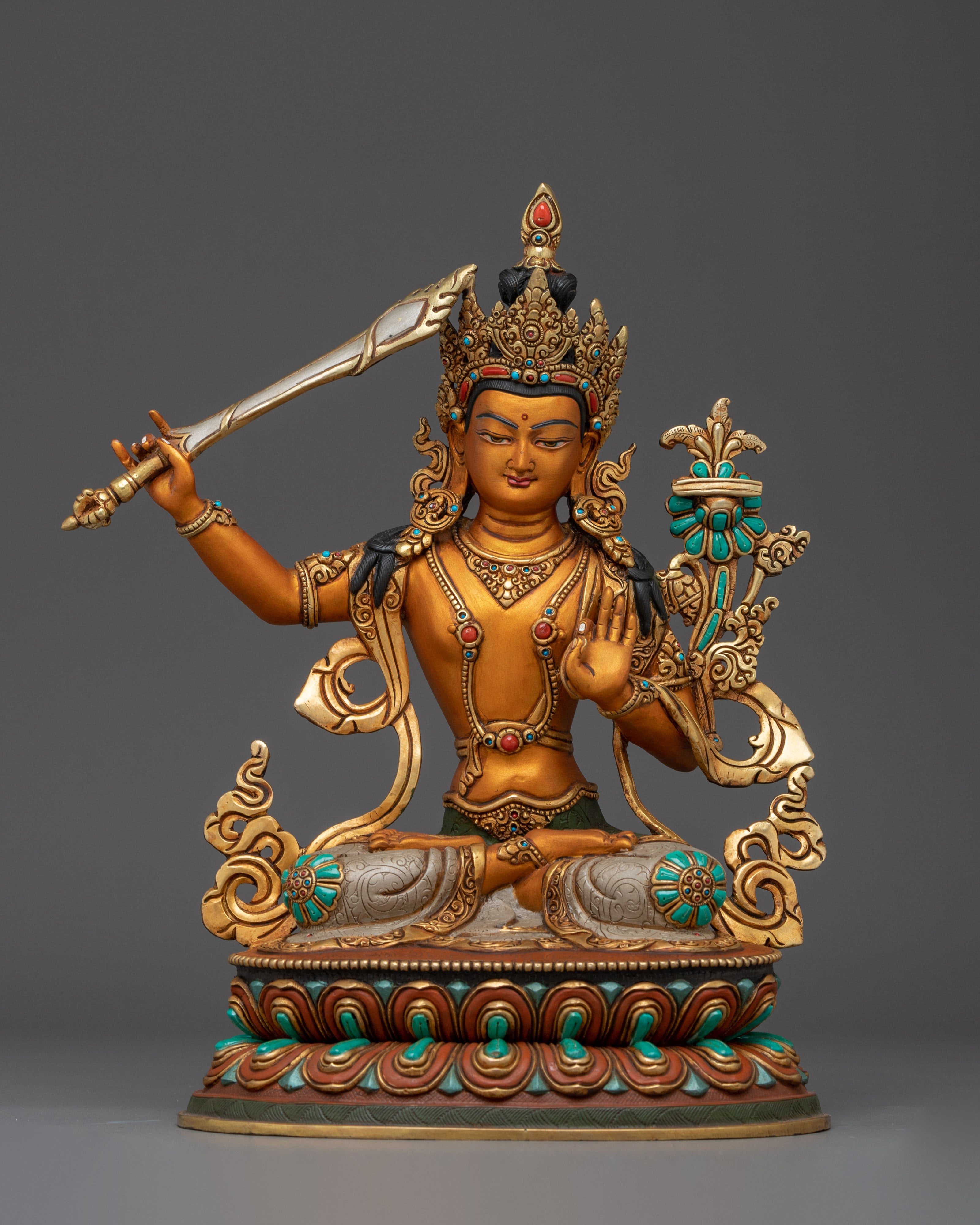 Manjushri Statue in 24K Gold Gilded Copper