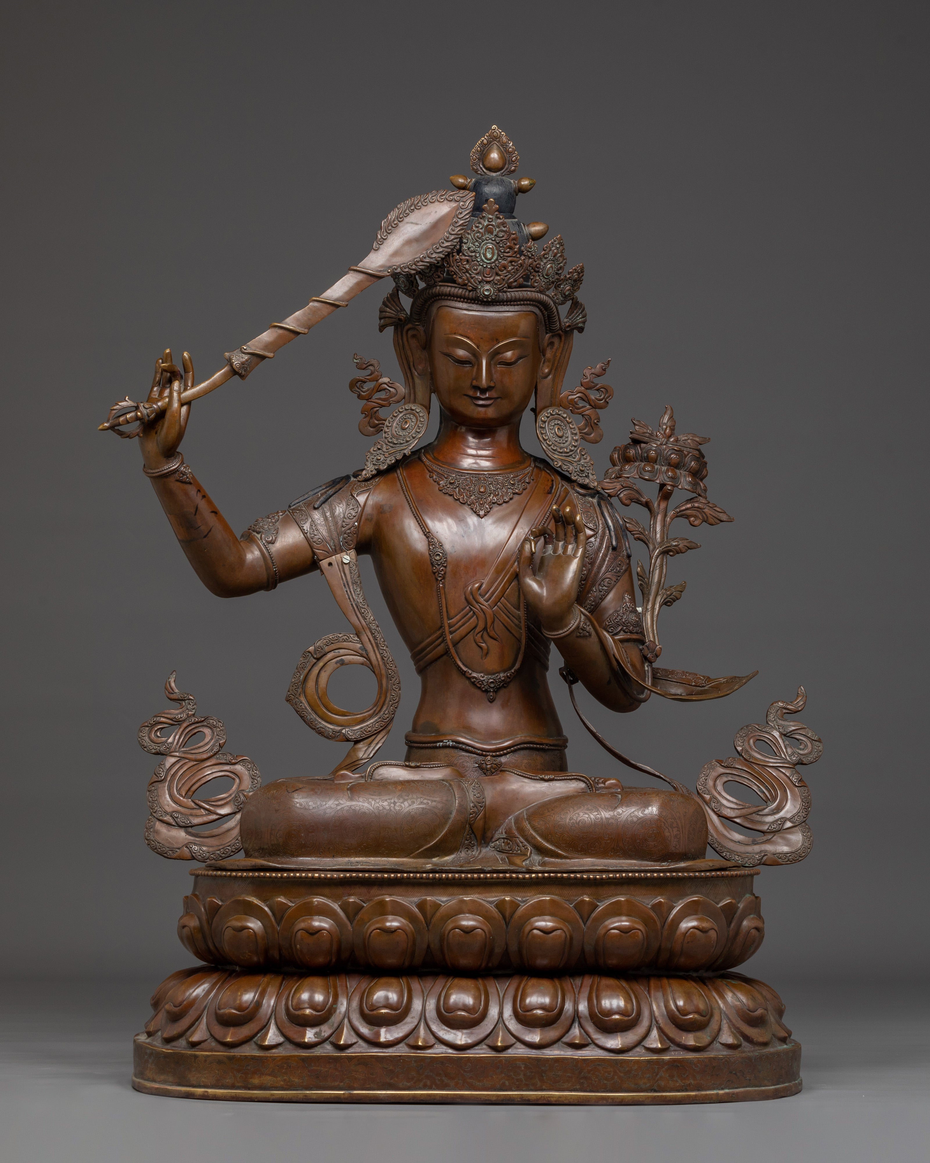 Manjushri Oxidized Copper Wisdom Deity with Sword Statue