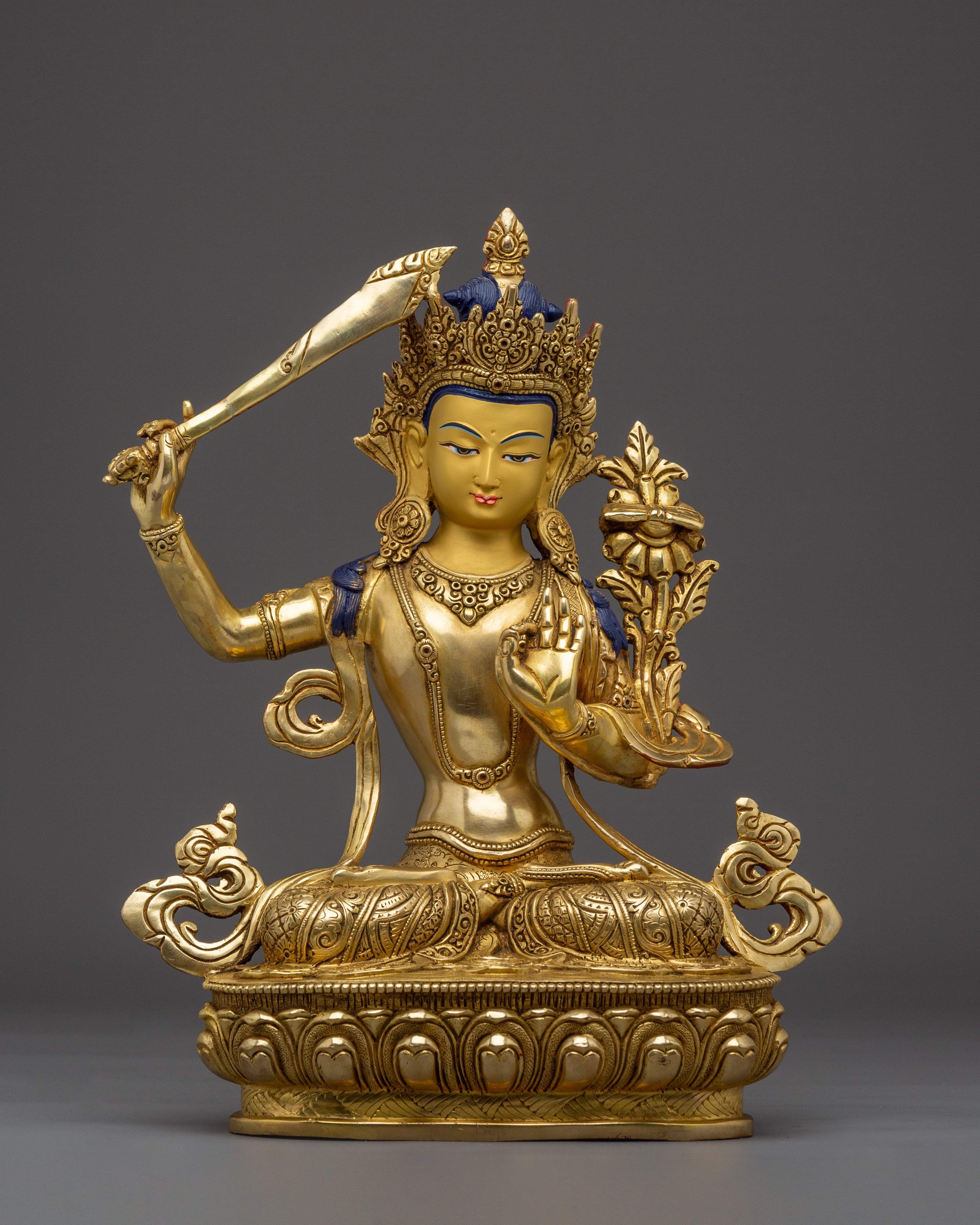 Handcrafted Golden Manjushri Buddhist Copper Statue