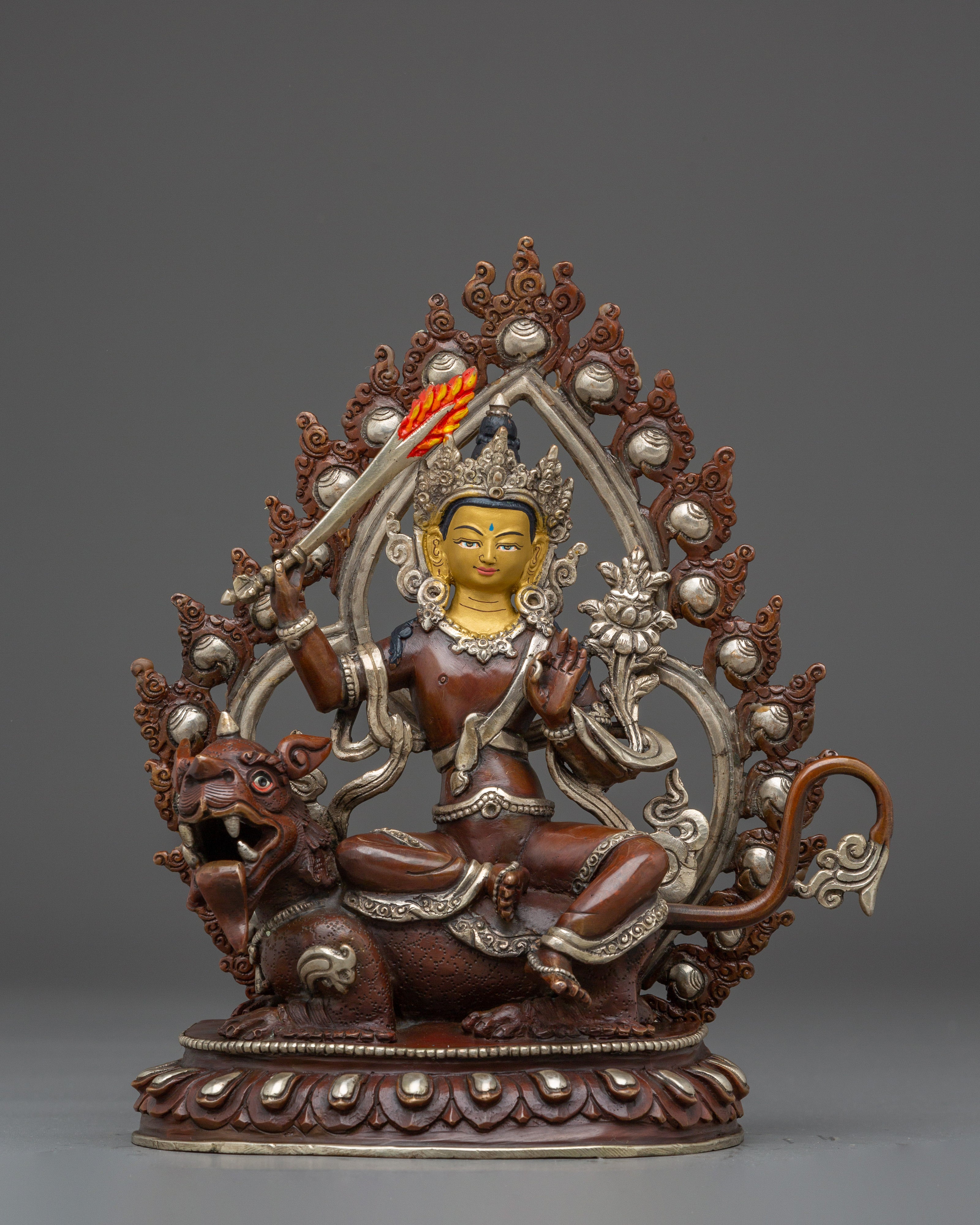 Simhanada Manjushri Buddha Copper Sculpture