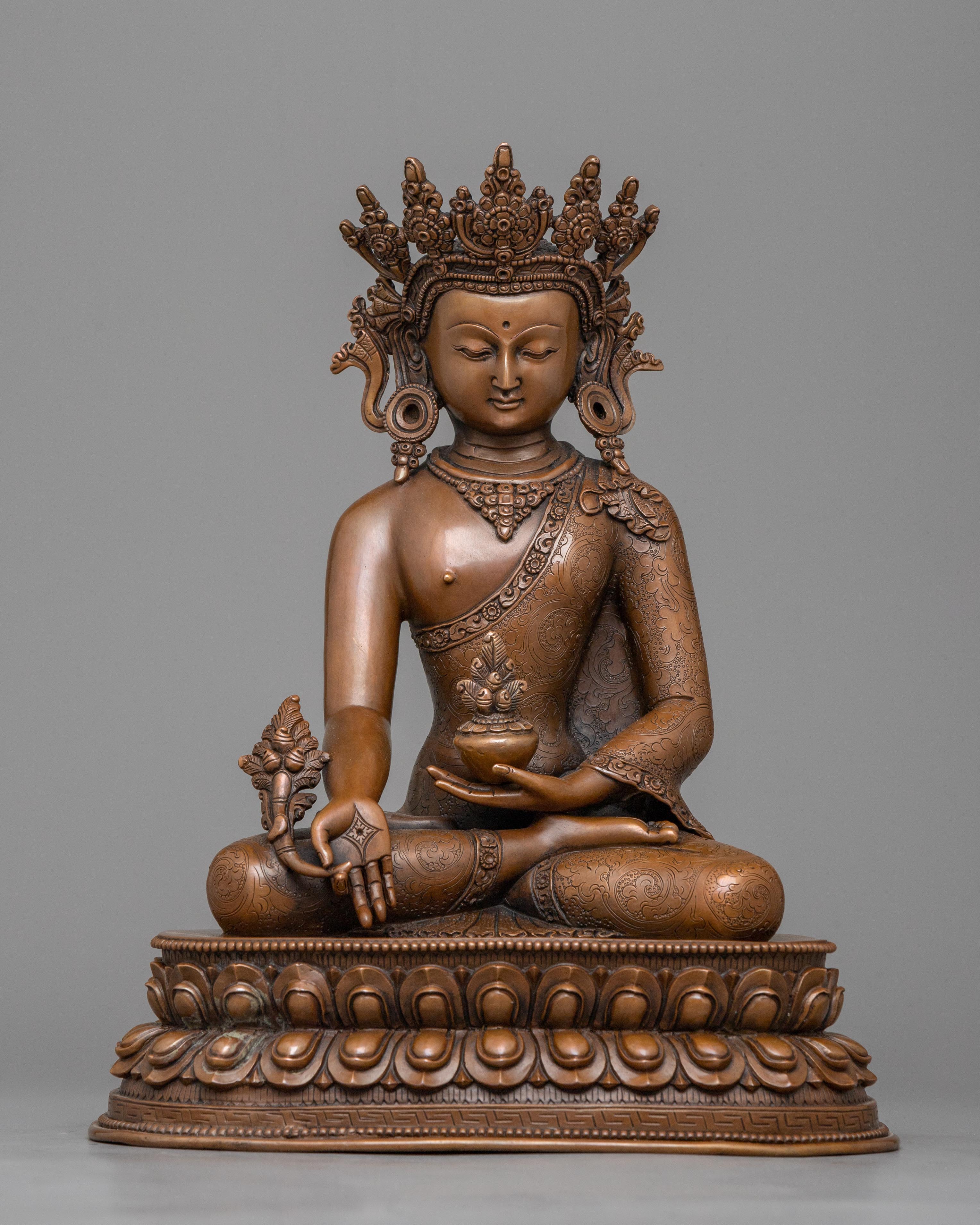 Crown Bhaisajyaguru Statue Oxidized Copper Icon of Healing and Medic