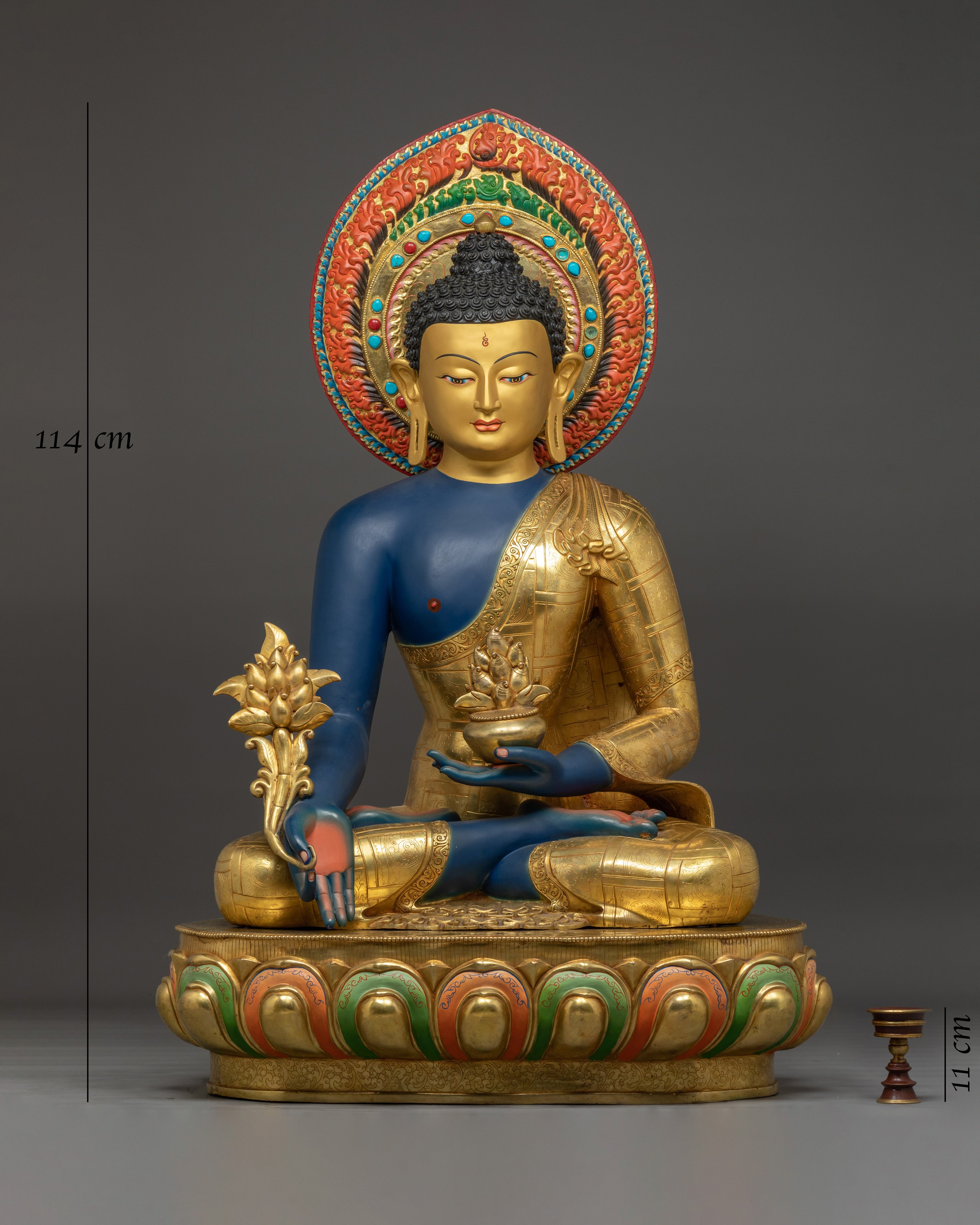 Medicine Buddha Statue in 24K Gold with Gemstones | Healing Buddha for Altar Decor