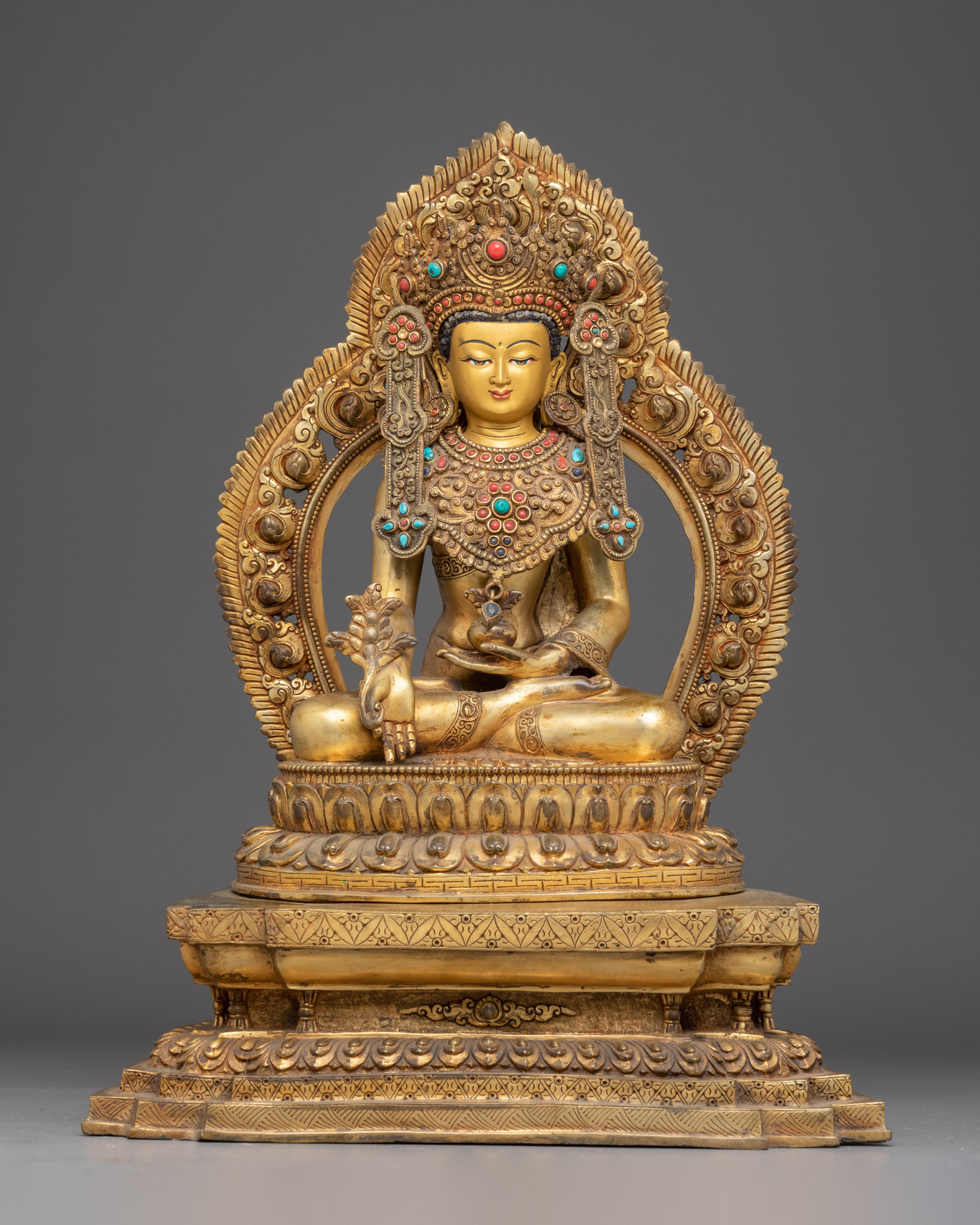 Gold Gilded Copper Medicine Buddha Art - Healing Deity in Buddhism