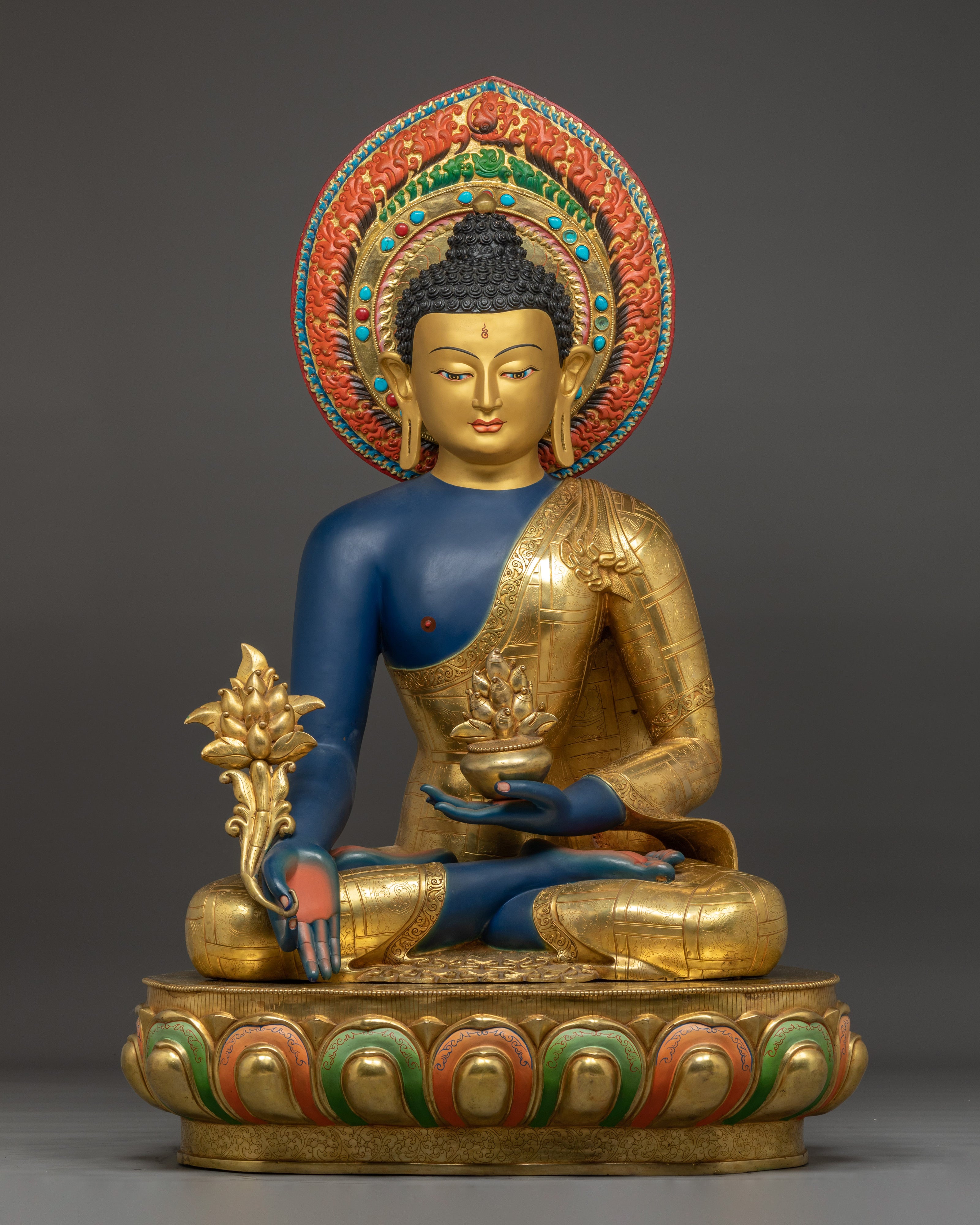 Medicine Buddha Statue in 24K Gold with Gemstones