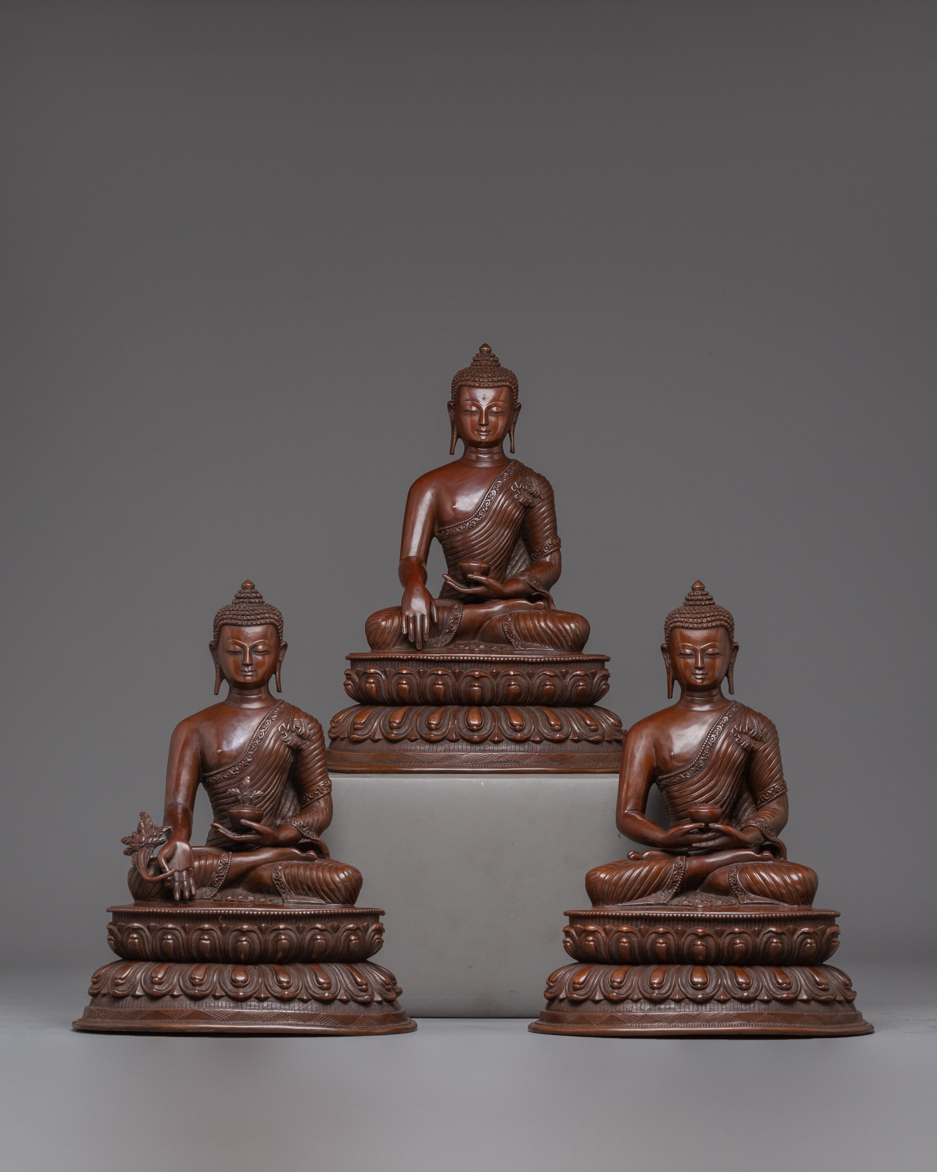 Oxidized Copper Buddha Trinity Statue | Three Enlightened Being