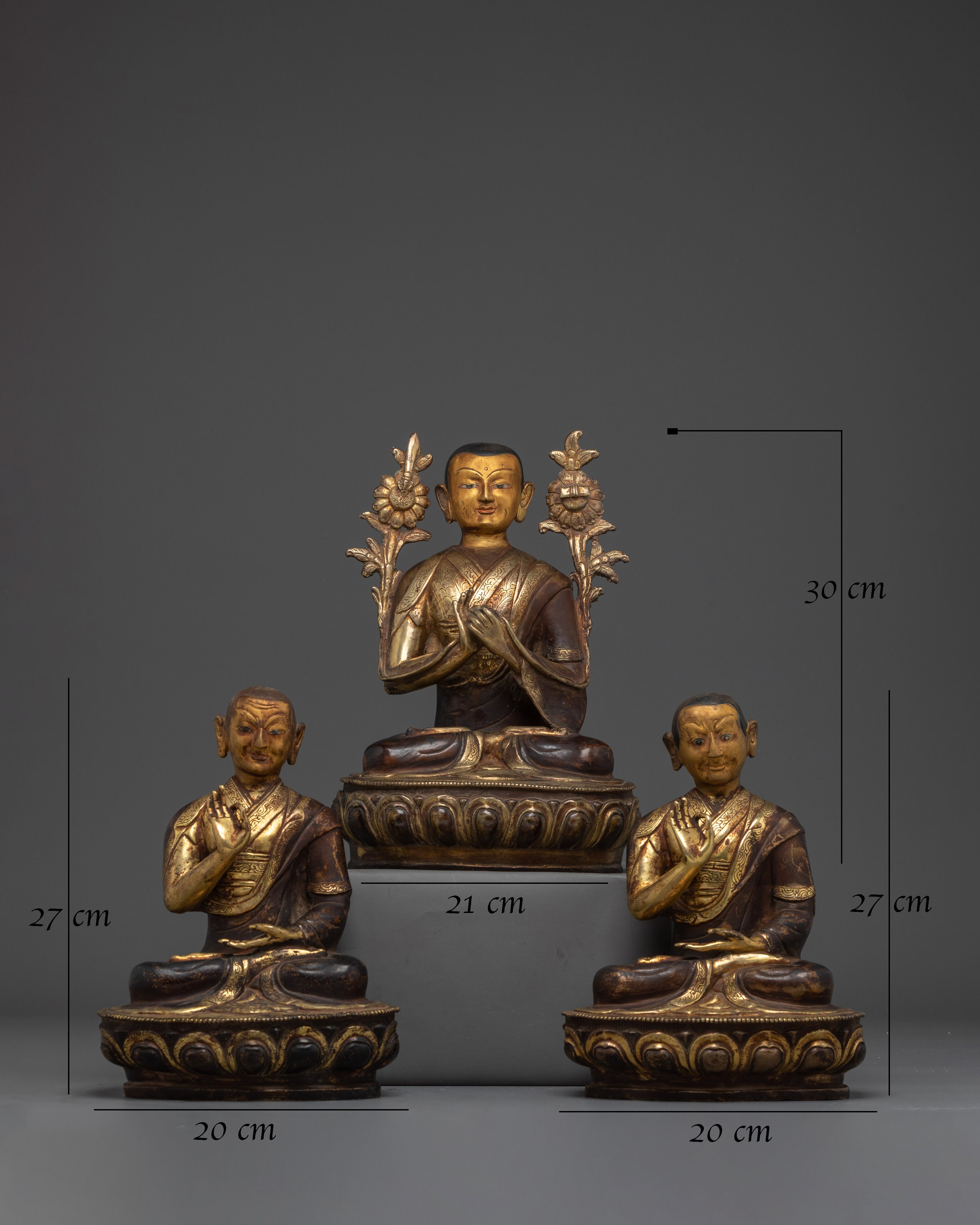 24K Gold-Gilded Tsongkhapa Set for Shrine | Handcrafted Copper Buddhist Statue