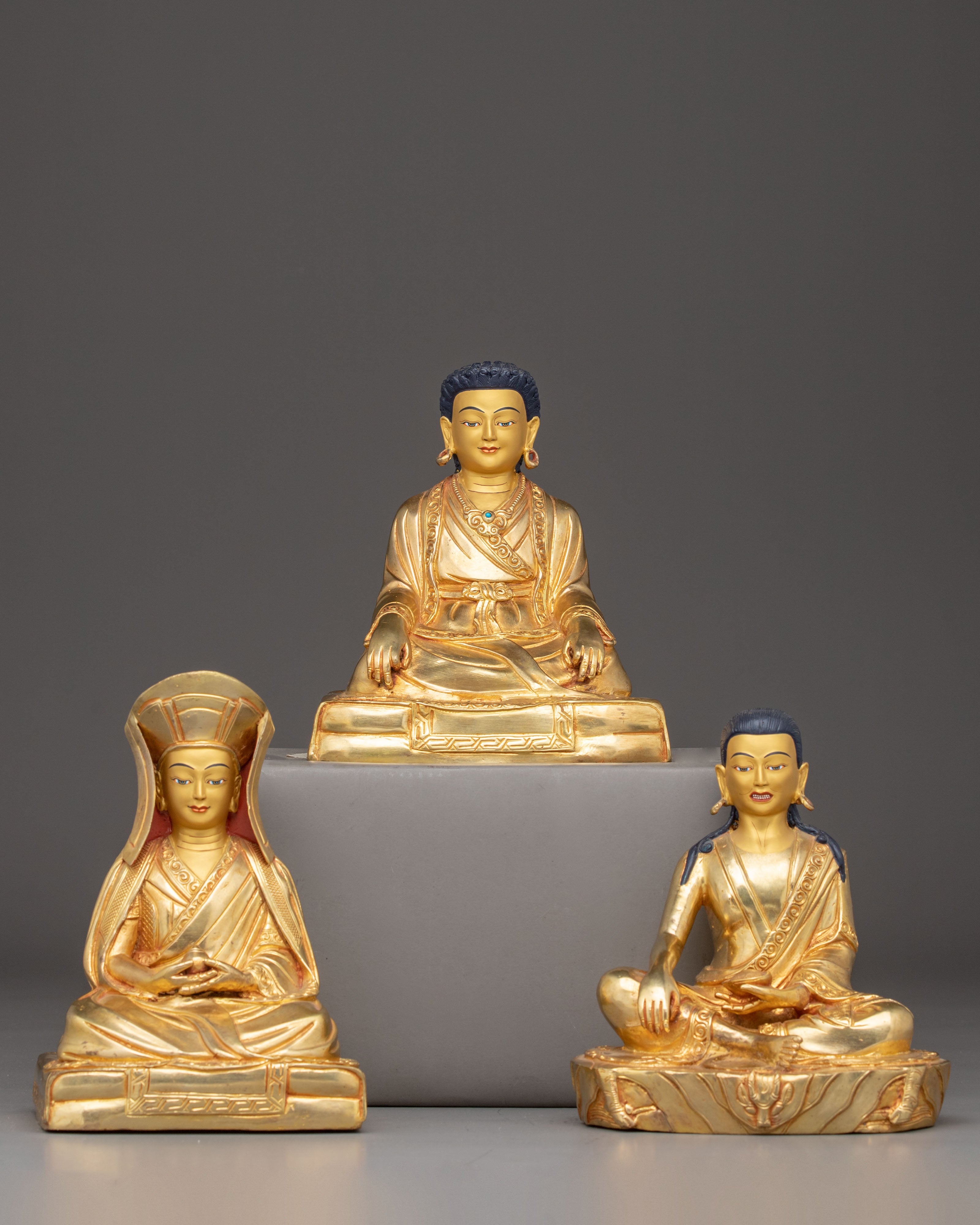 Golden Buddhist Masters Statue Set | Three Enlightened Masters