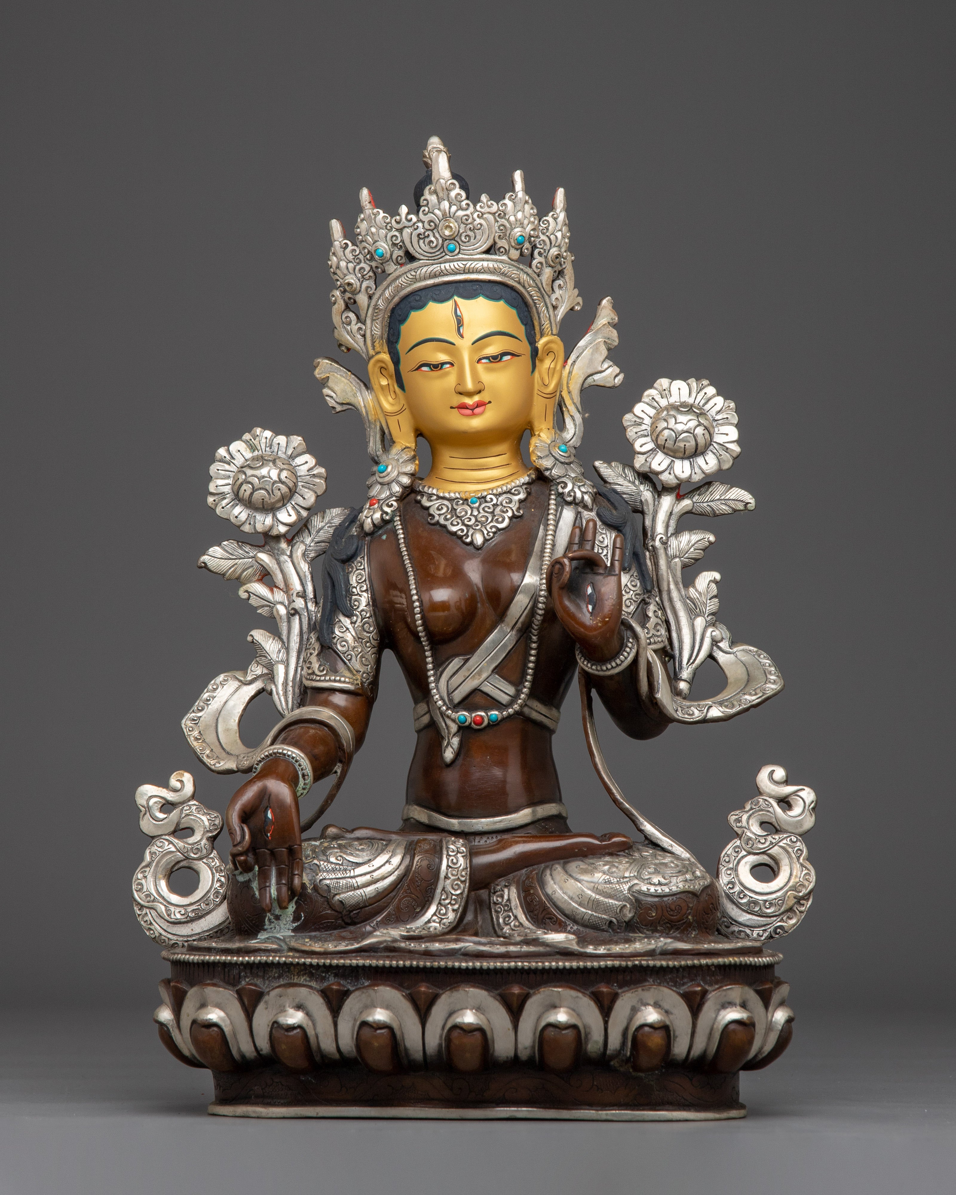 White Tara Copper Statue with Silver