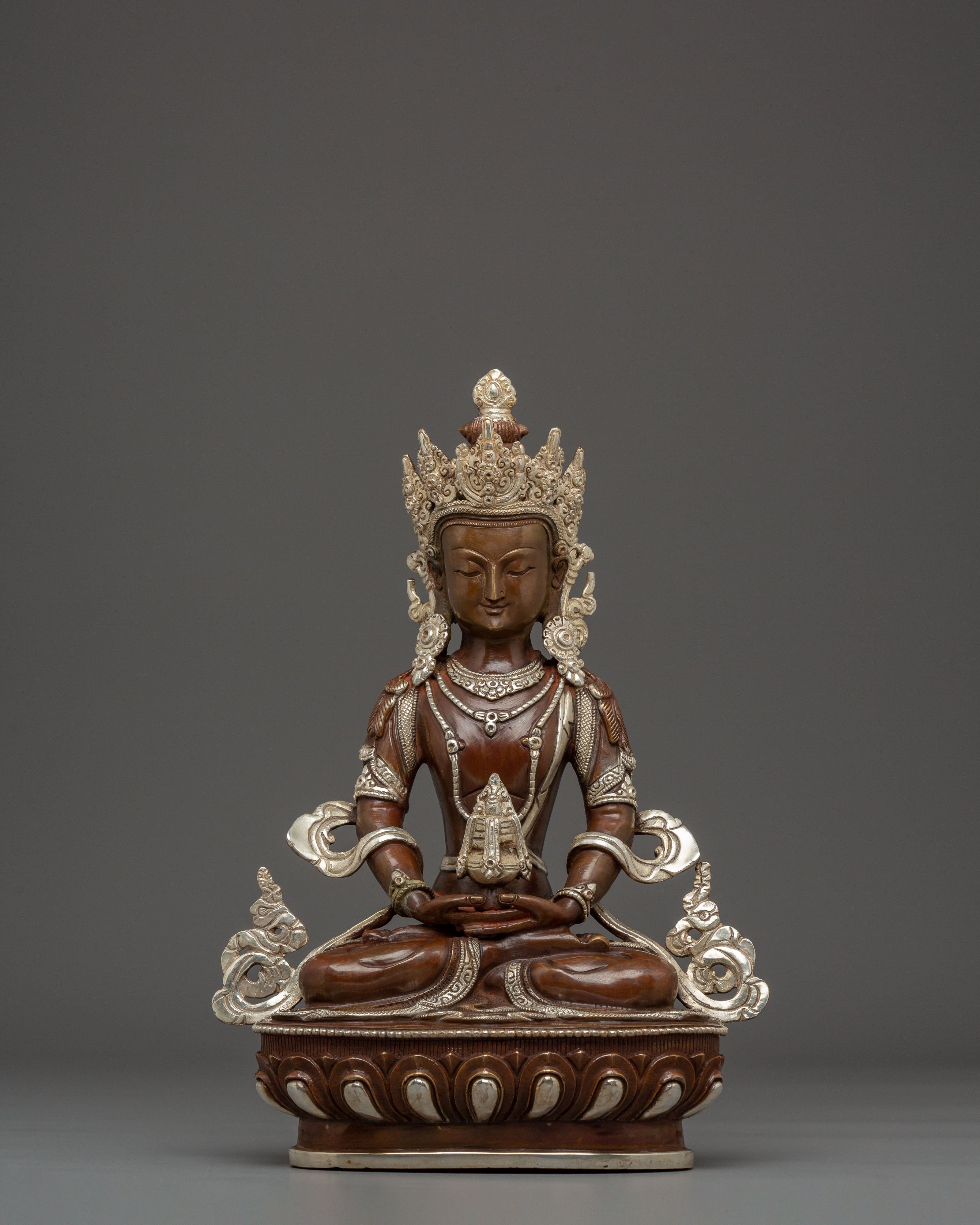 Silver-Plated Oxidized Statue of Healing Buddha Amitayus