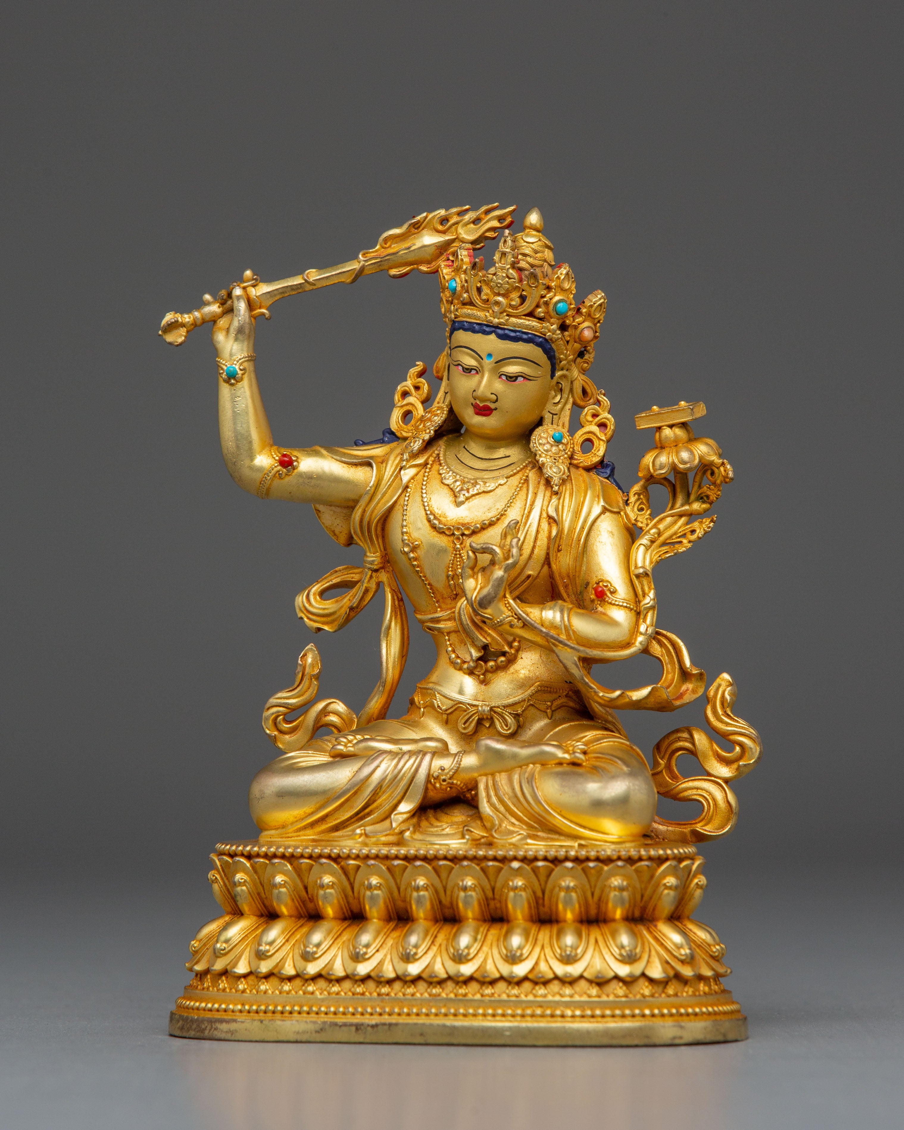 Machine-Made Golden Statue of Manjushri Bodhisattva | Symbol of Wisdom