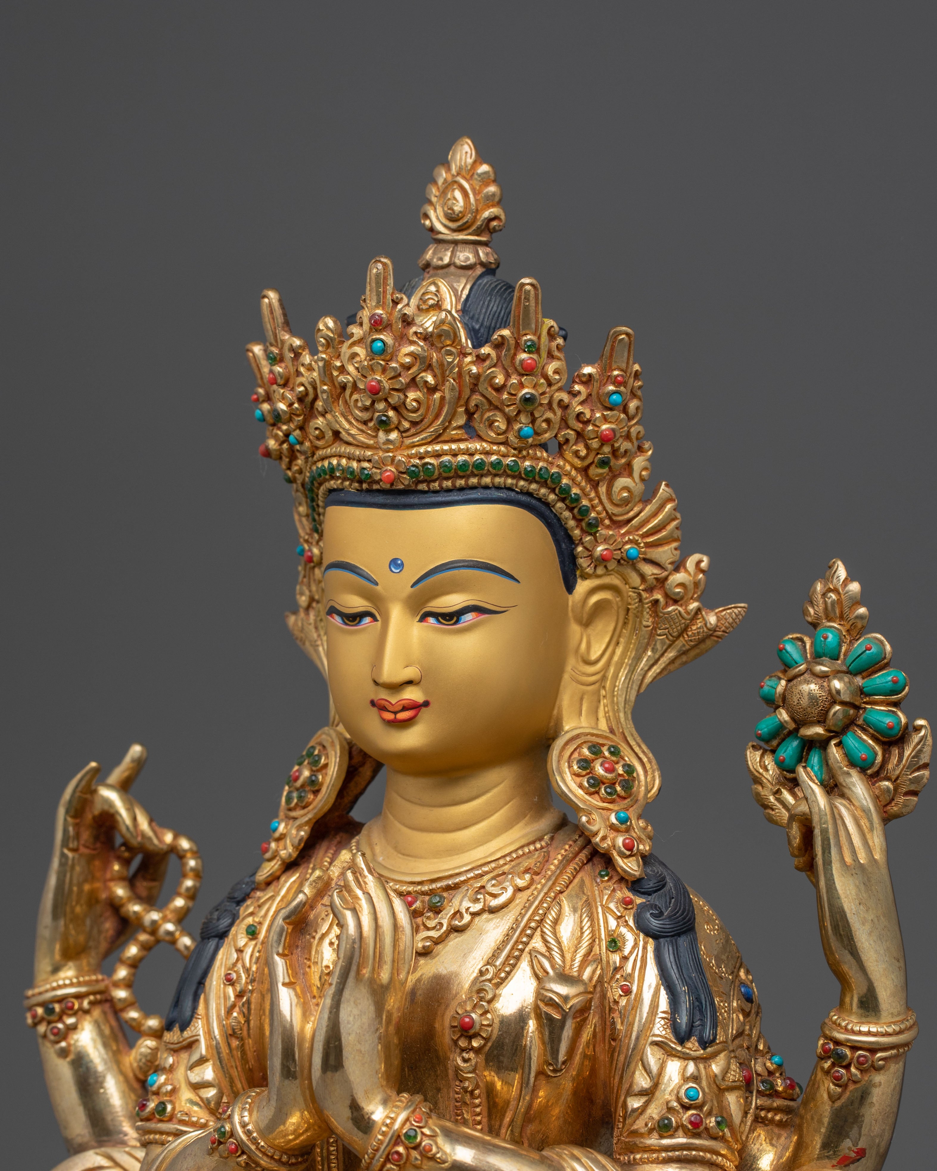 Golden Chenrezig Statue: Symbol of Compassion | Avalokiteshvara Figurine