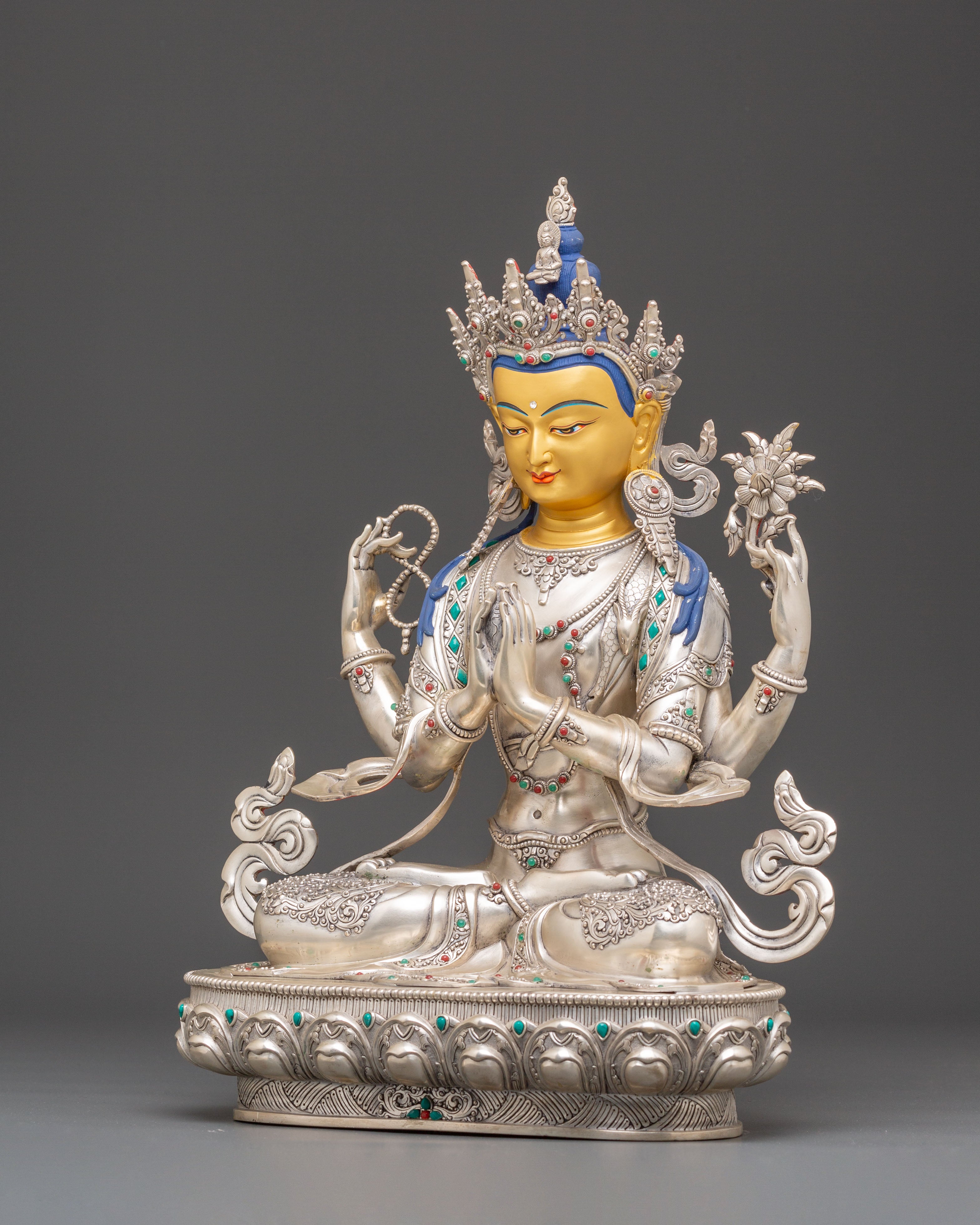 Handmade Silver Chenrezig Statue | Protector of Beings