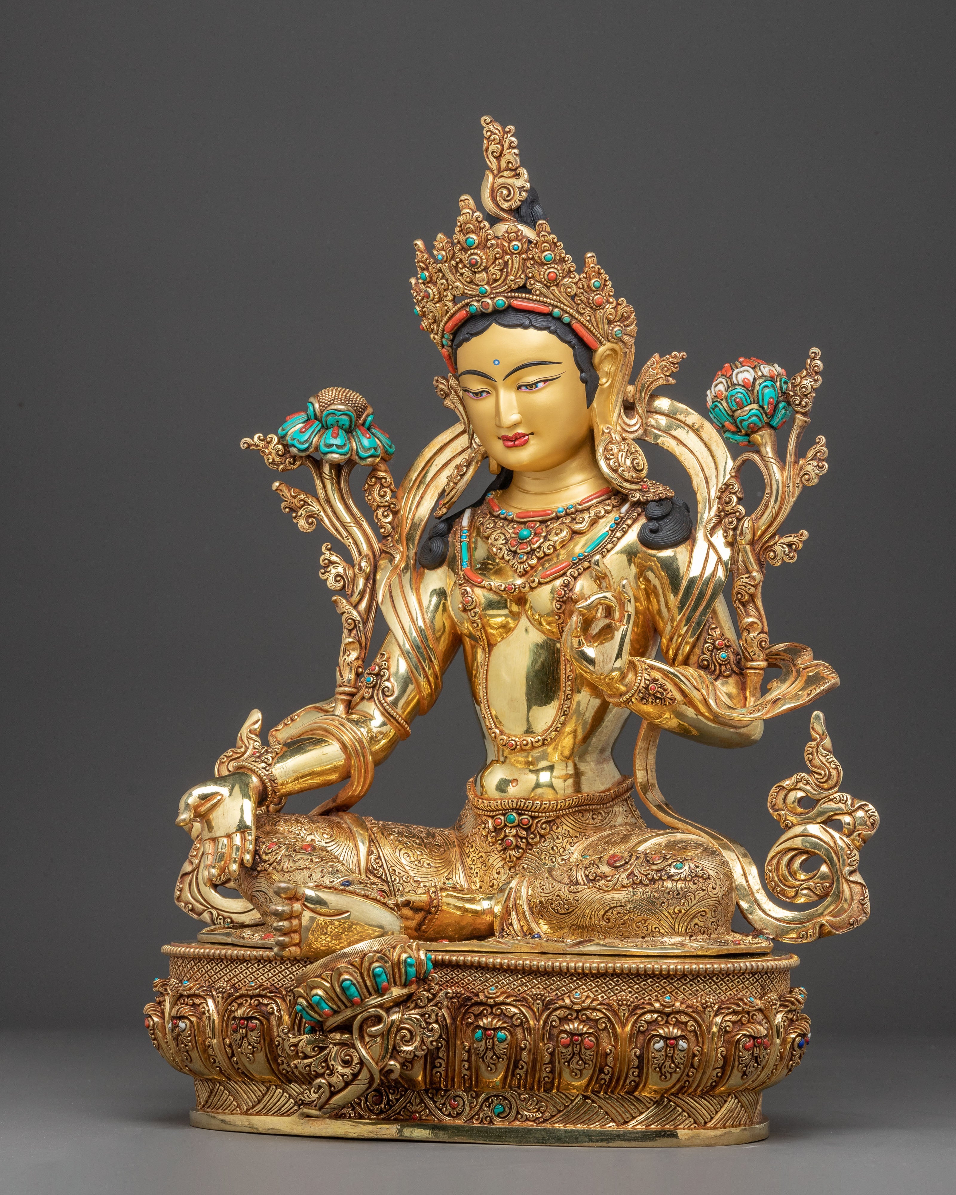 Himalayan Green Tara Golden Statue | Female Bodhisattva