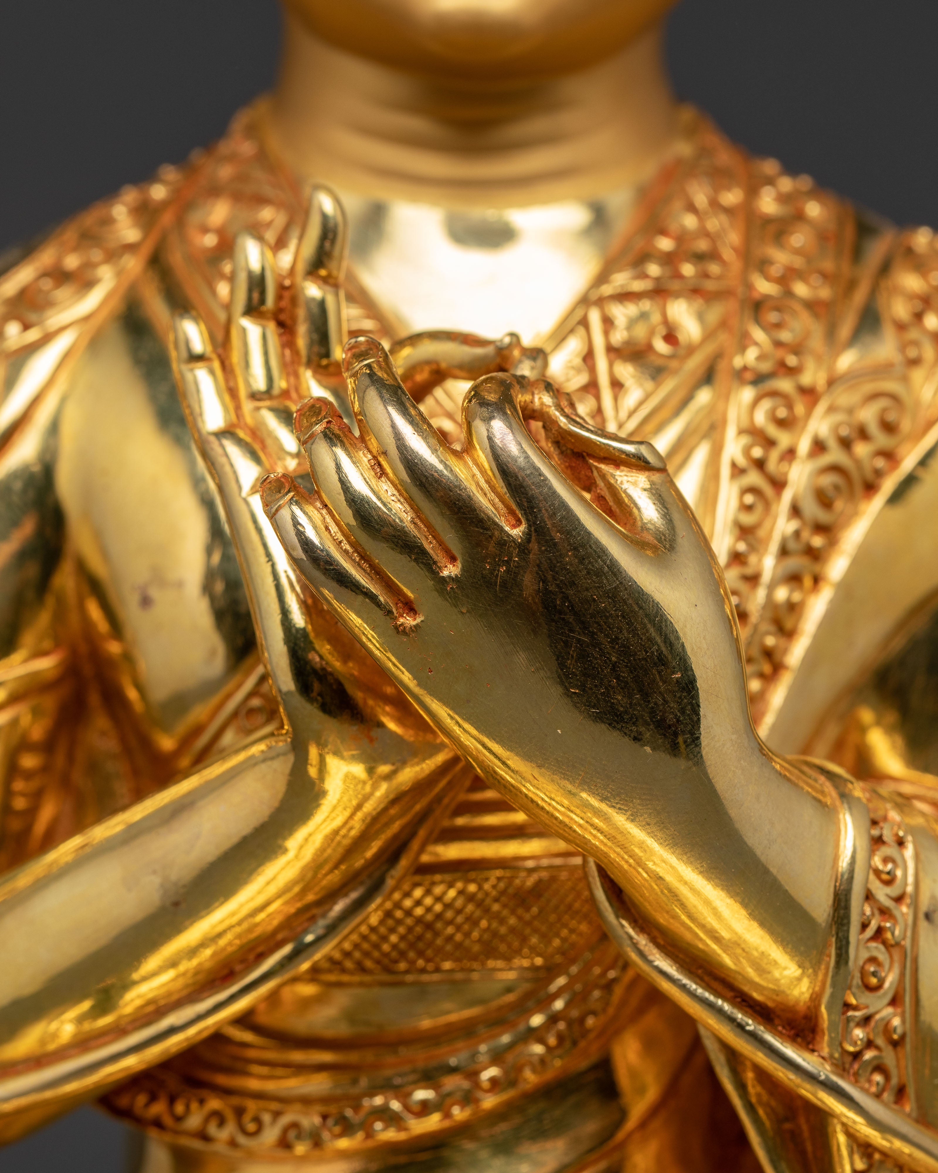 Golden Tsongkhapa Je, Gyaltsab and Khedrup Statue Set | Tibetan Buddhist Master Trio