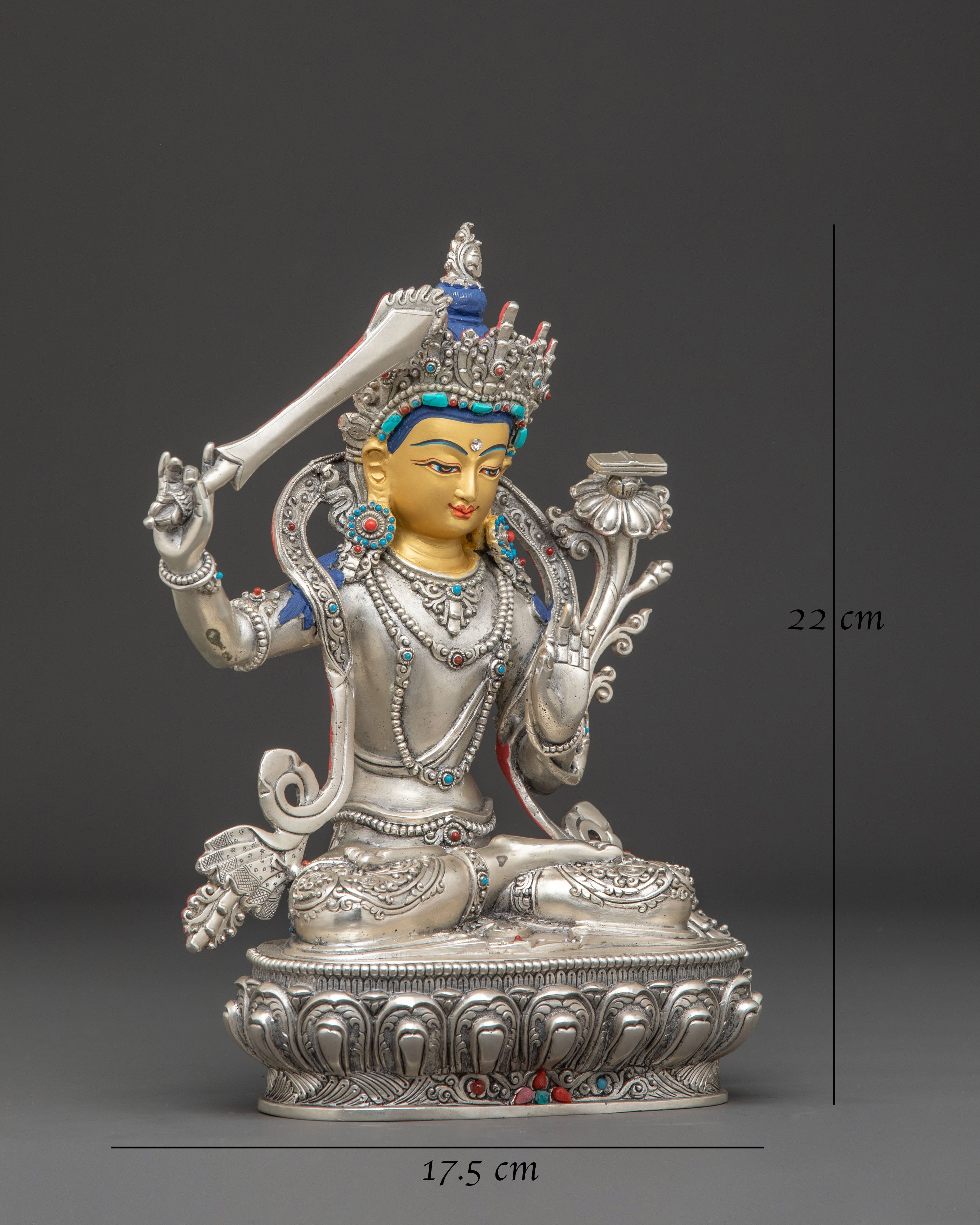 Silver Manjushri Statue: Bodhisattva of Insight | Traditional Himalayan Art