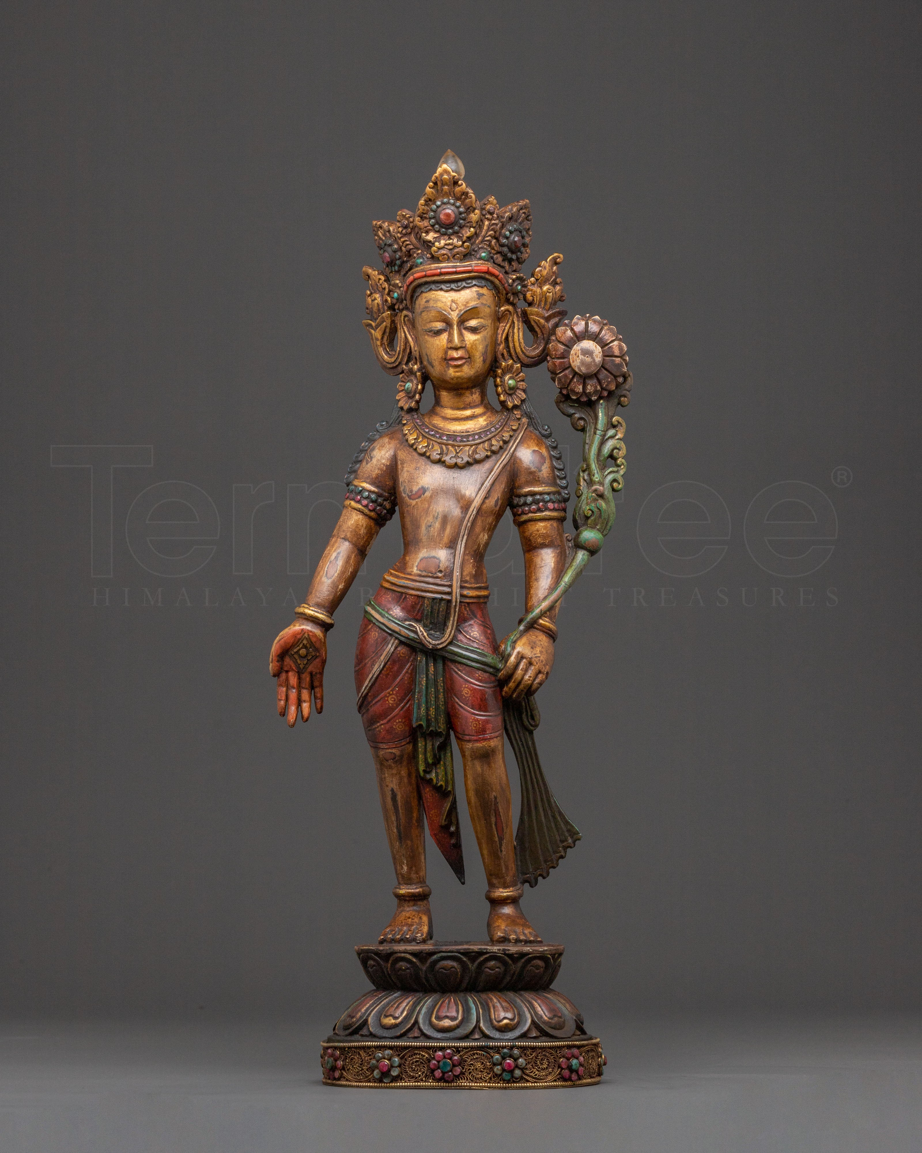 Lokeshwor Tibetan Sacred Statue: Antique Gold and Gemstone Artistry