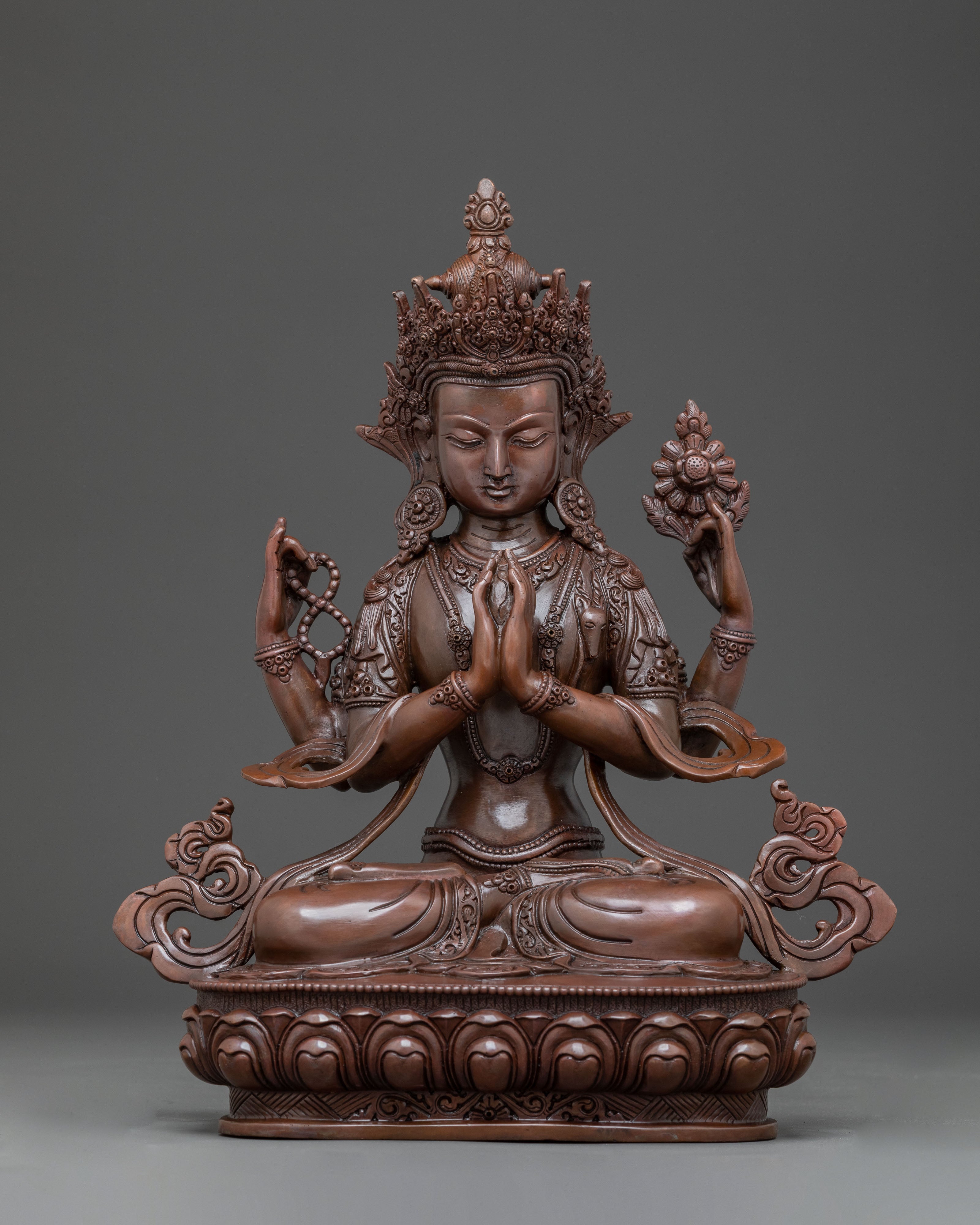 Oxidized Copper Four-Armed Chenrezig Statue | Bodhisattva of Compassion