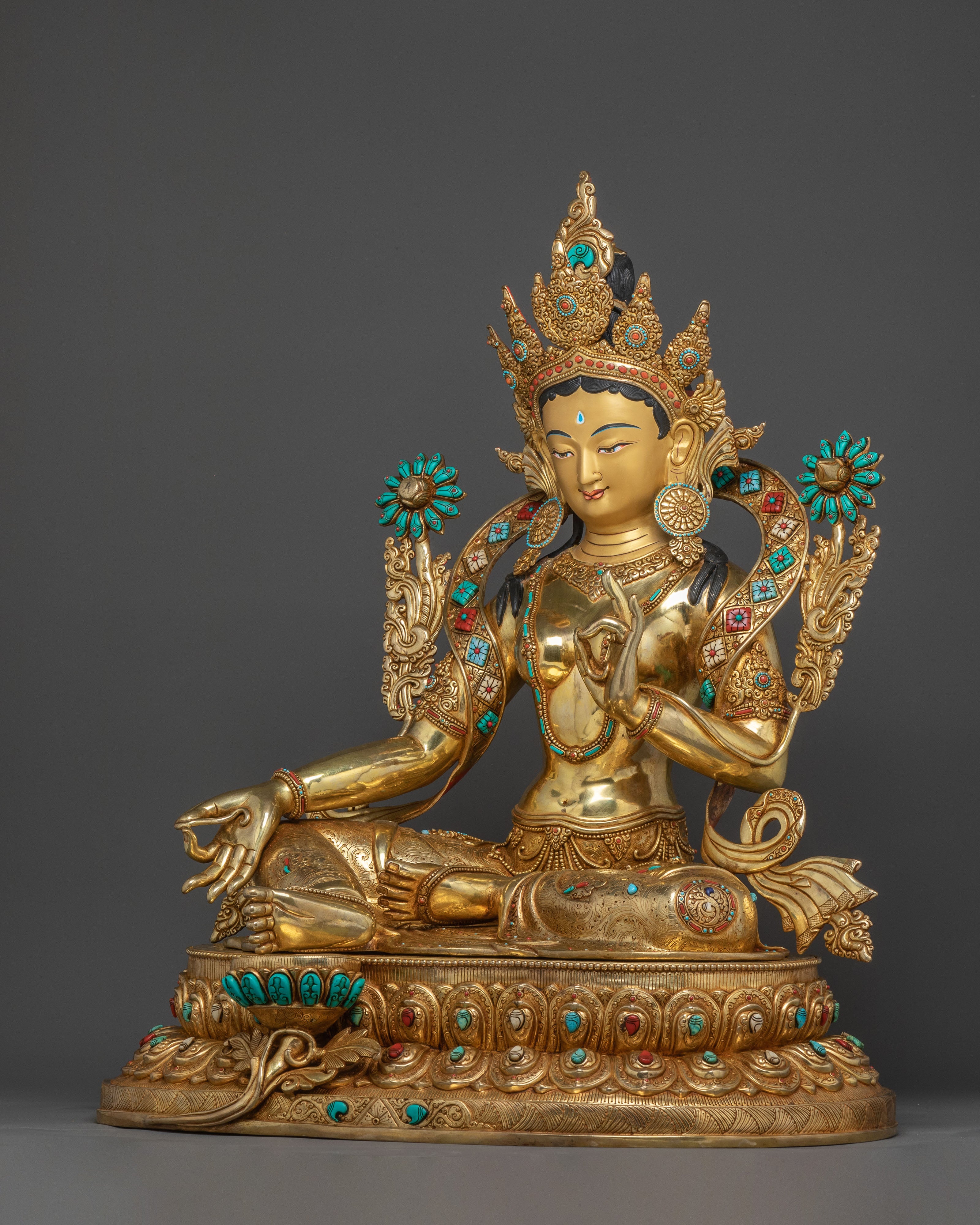 Life Size Green Tara Statue - 24K Gold Gilded