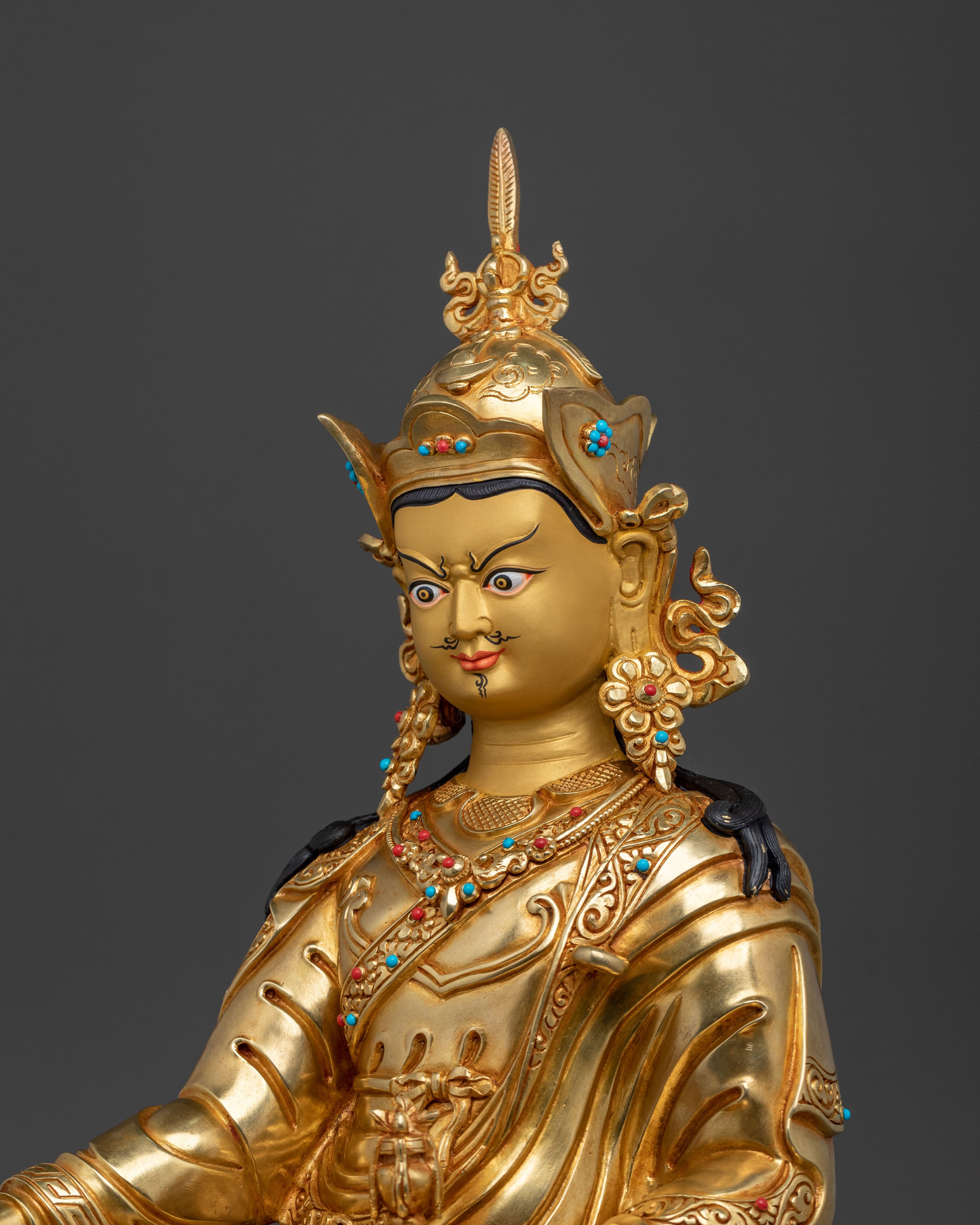 Buddhist Precious Figurine of Guru Rinpoche in Glimmering 24K Gold