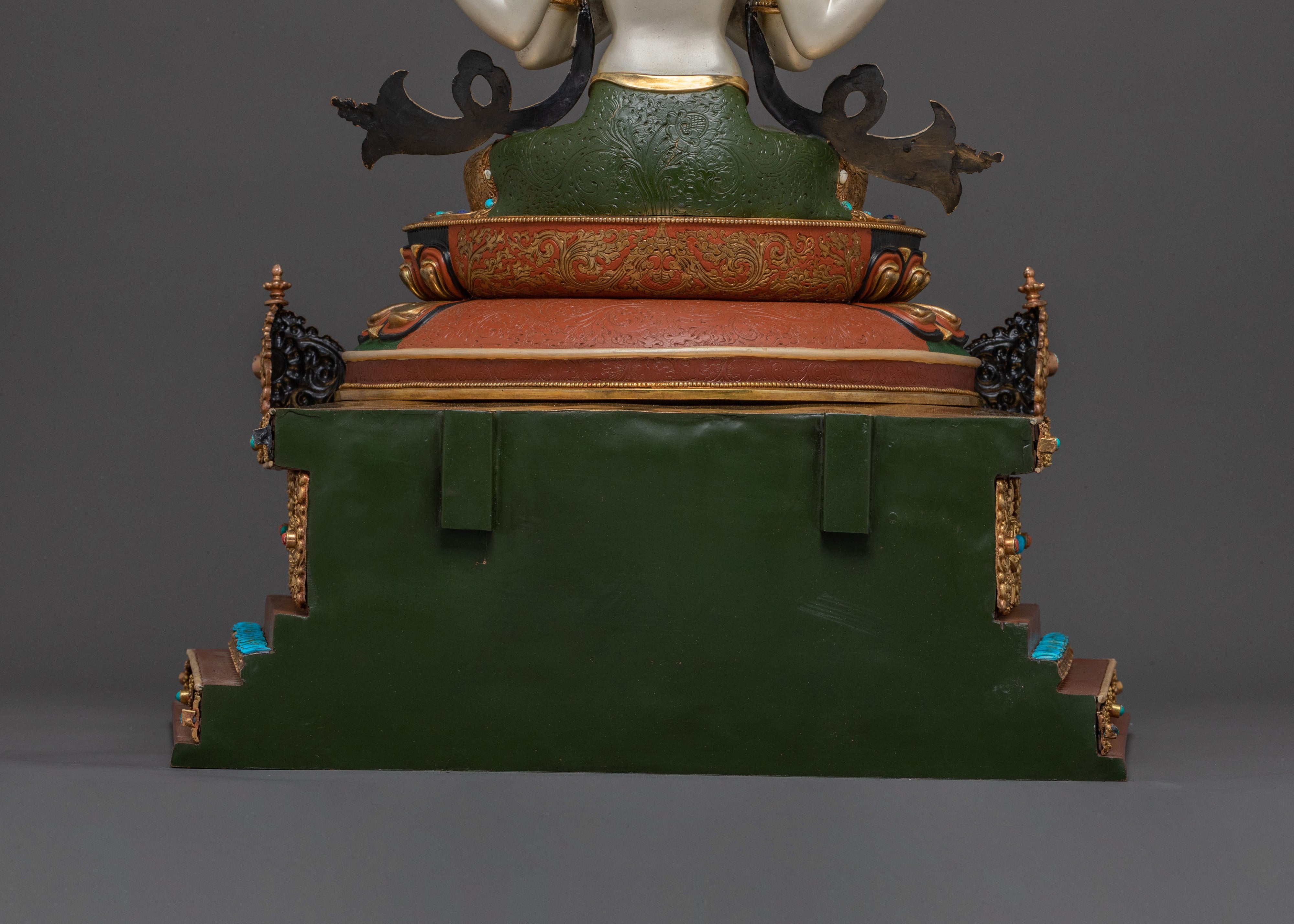Majestic Chenrezig on Throne Statue with 24k Gold Glided and Gemstones Inlays