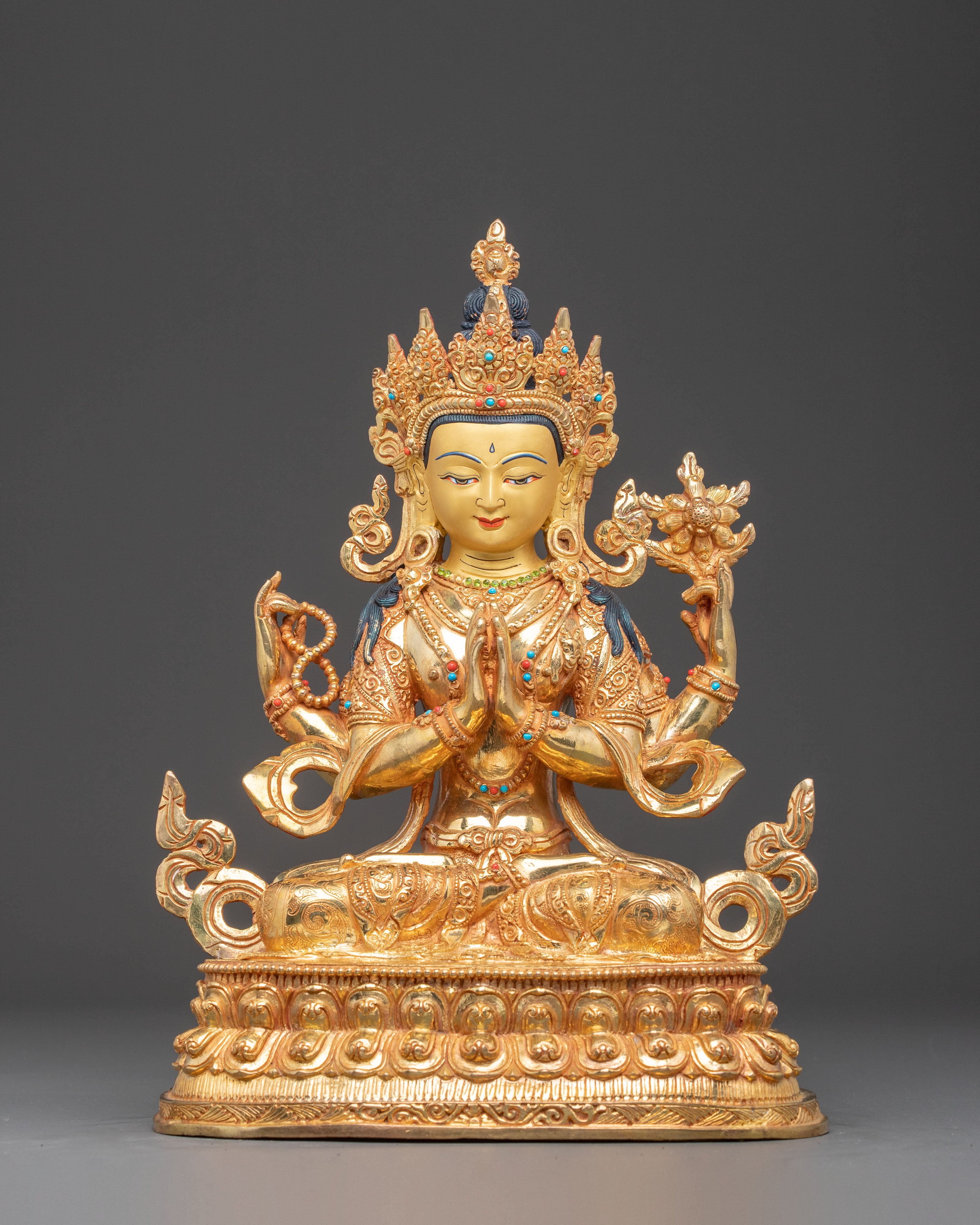 24K Gold Gilded Chenrezig Handmade Statue | Bodhisattva of Compassion