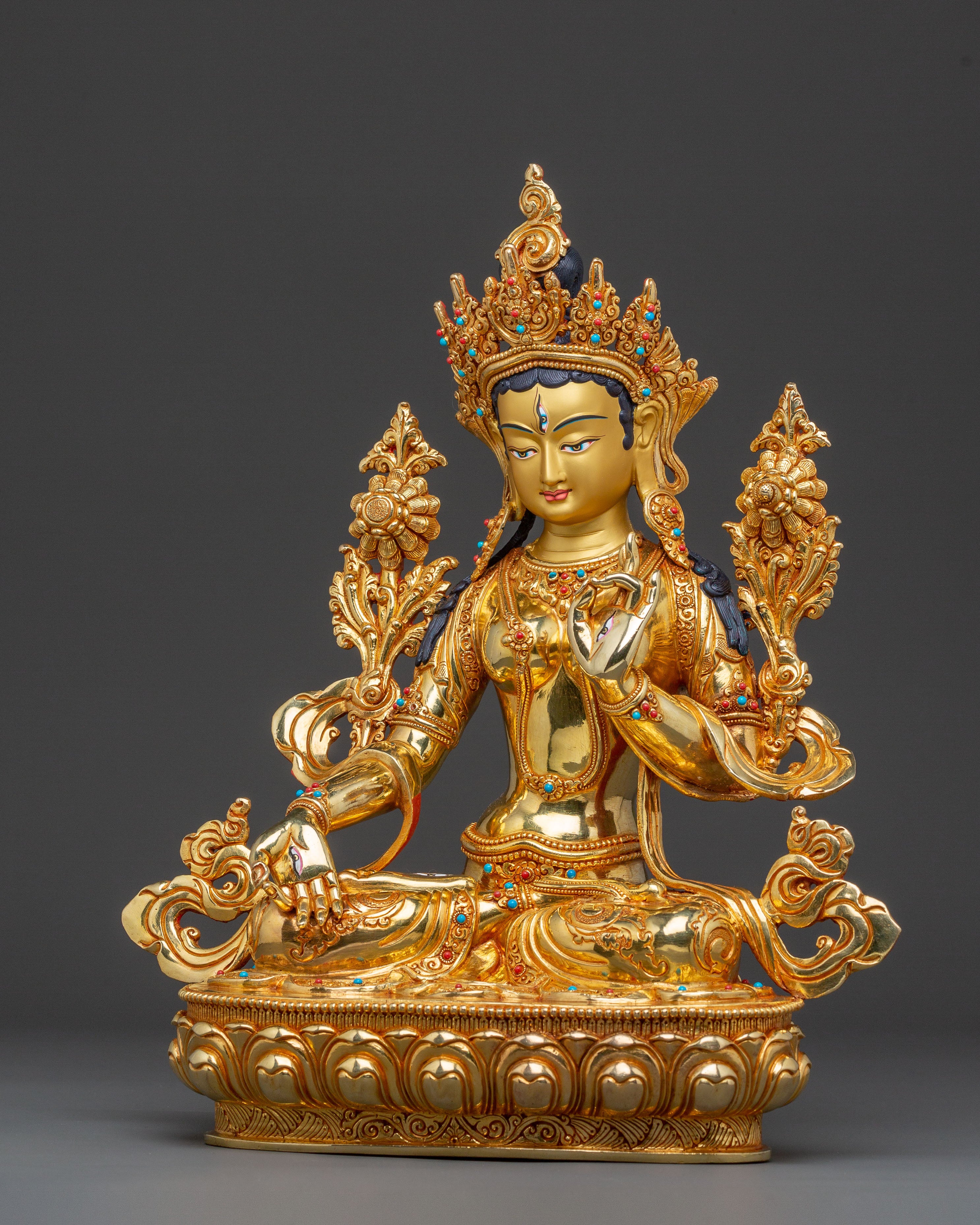 Handcrafted White Tara Spiritual Statue: 24K Gold Gilded Masterpiece