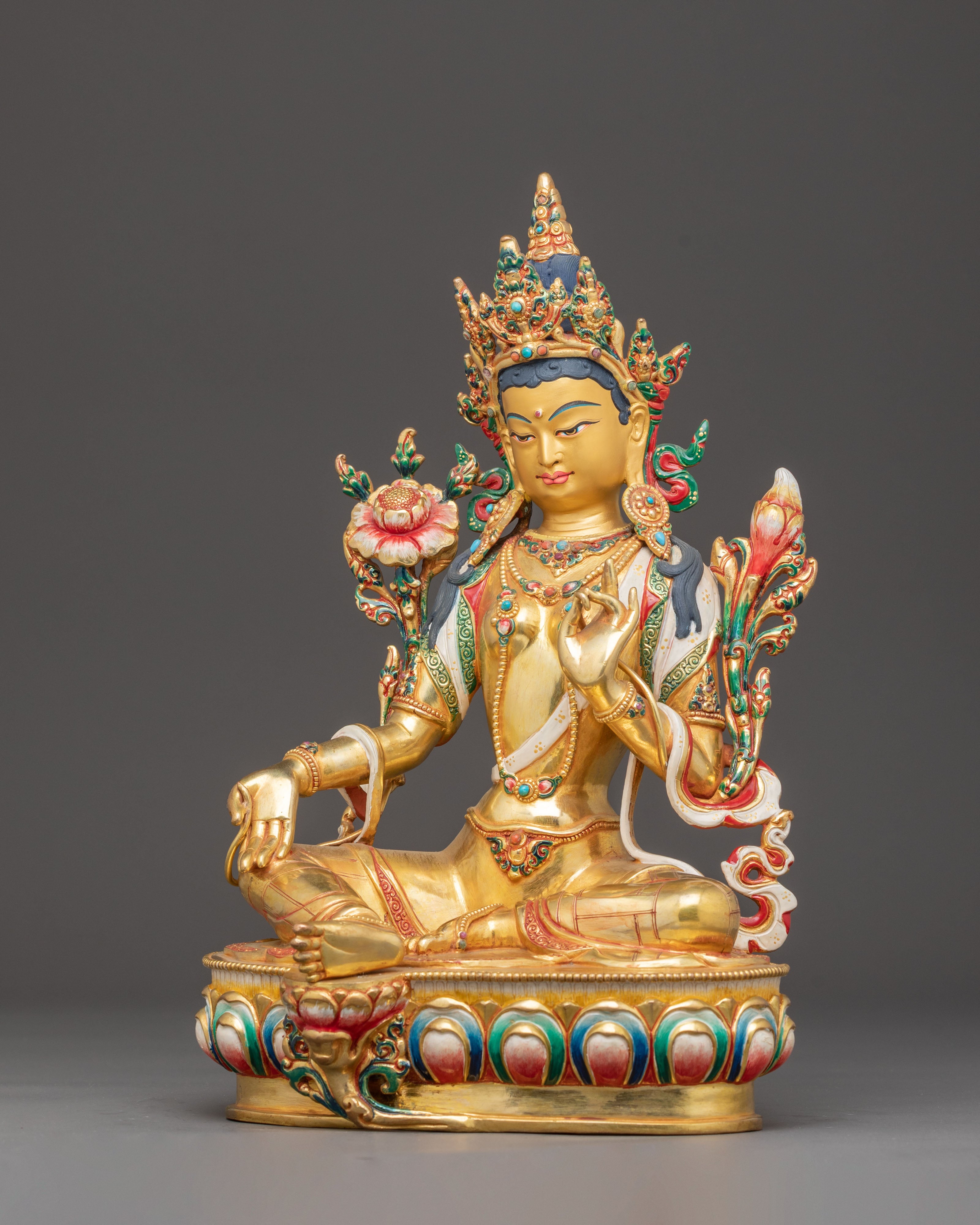 Handmade 24k Gold Glided Statue of Green Tara | Compassion Goddess