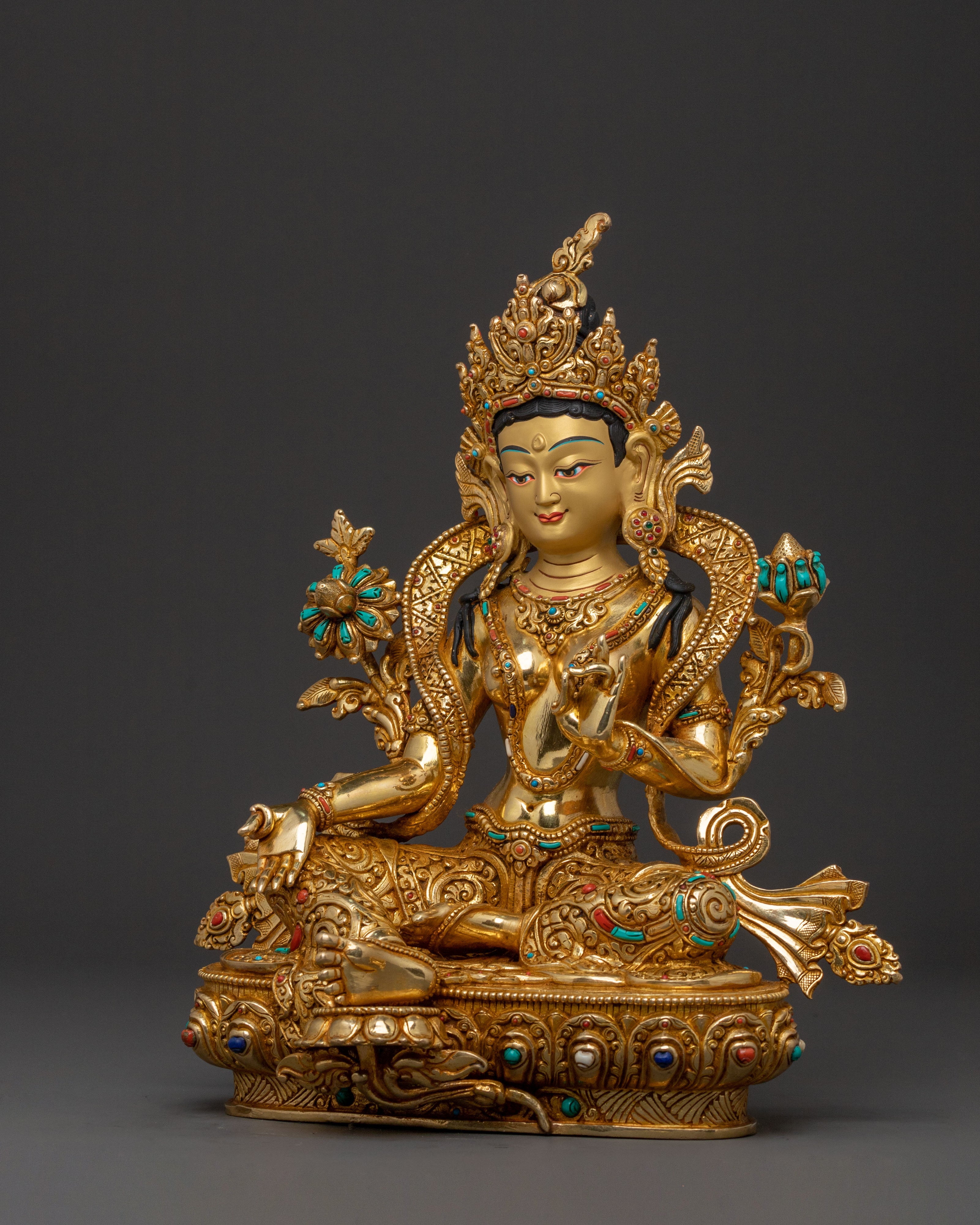 Green Tara Statue for Rituals | 24K Gold Gilded Icon