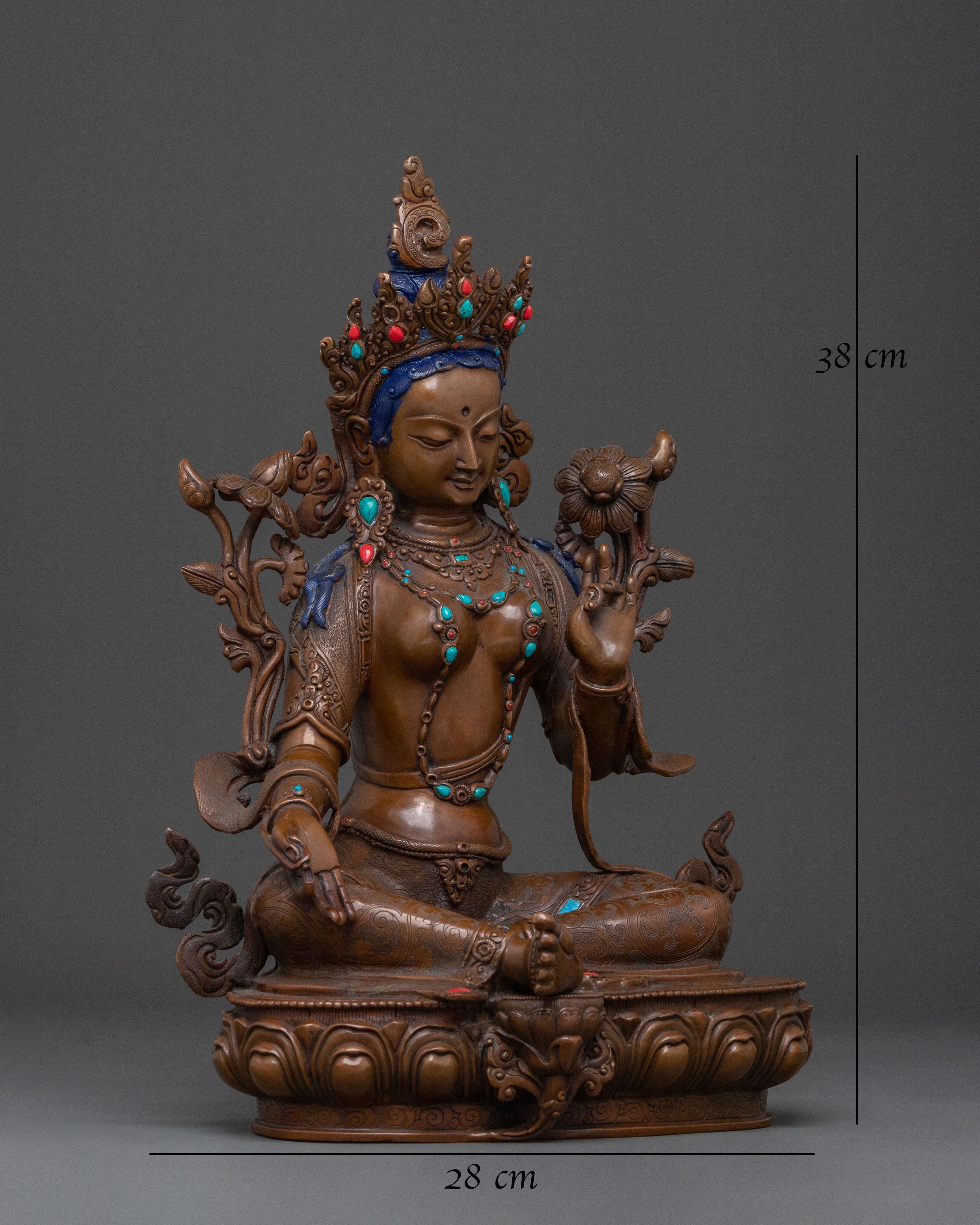 Green Tara Oxidized Copper Statue: Protector Goddess