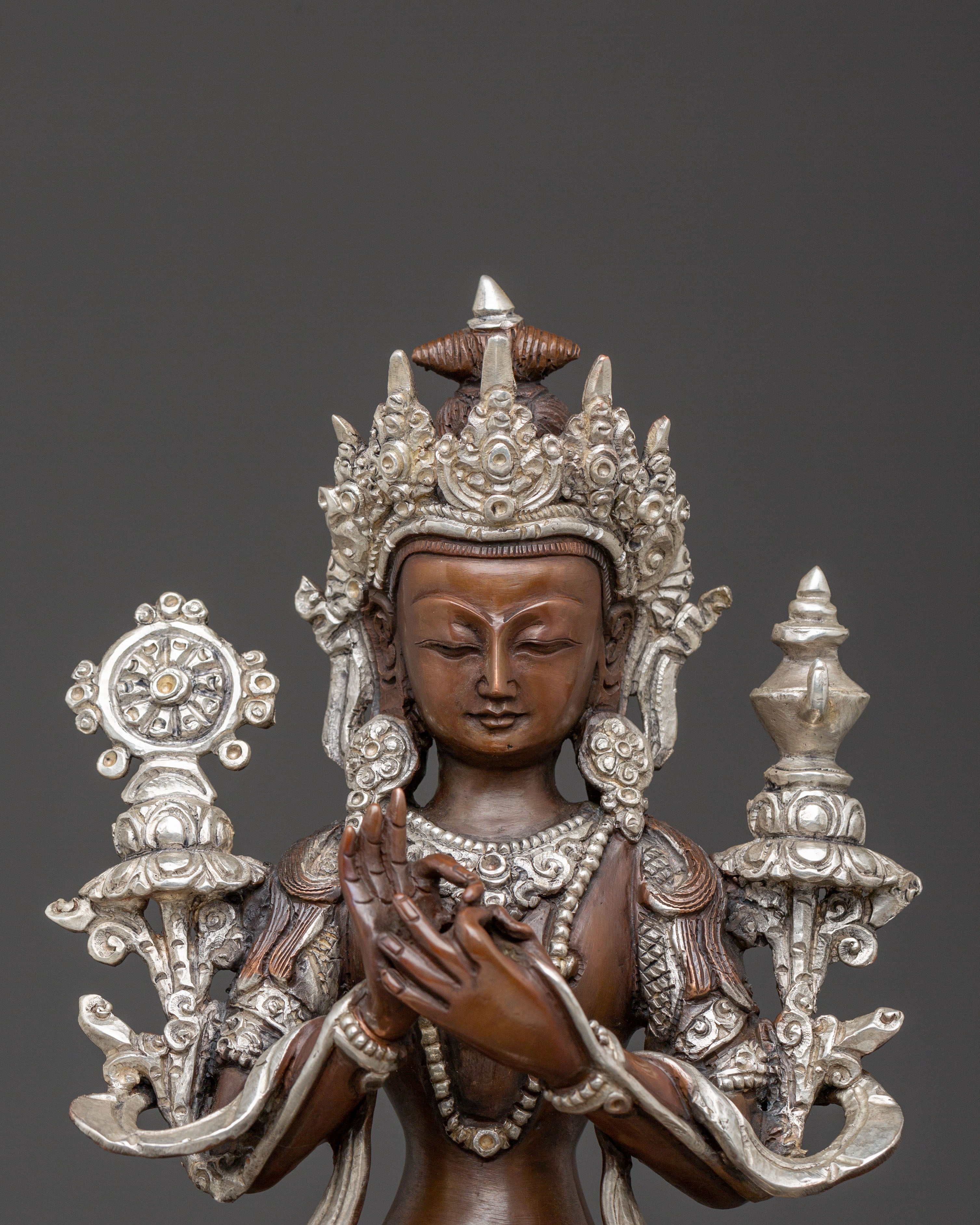 Sacred Maitreya Buddha Copper Statue – Tranquil Silver Finish