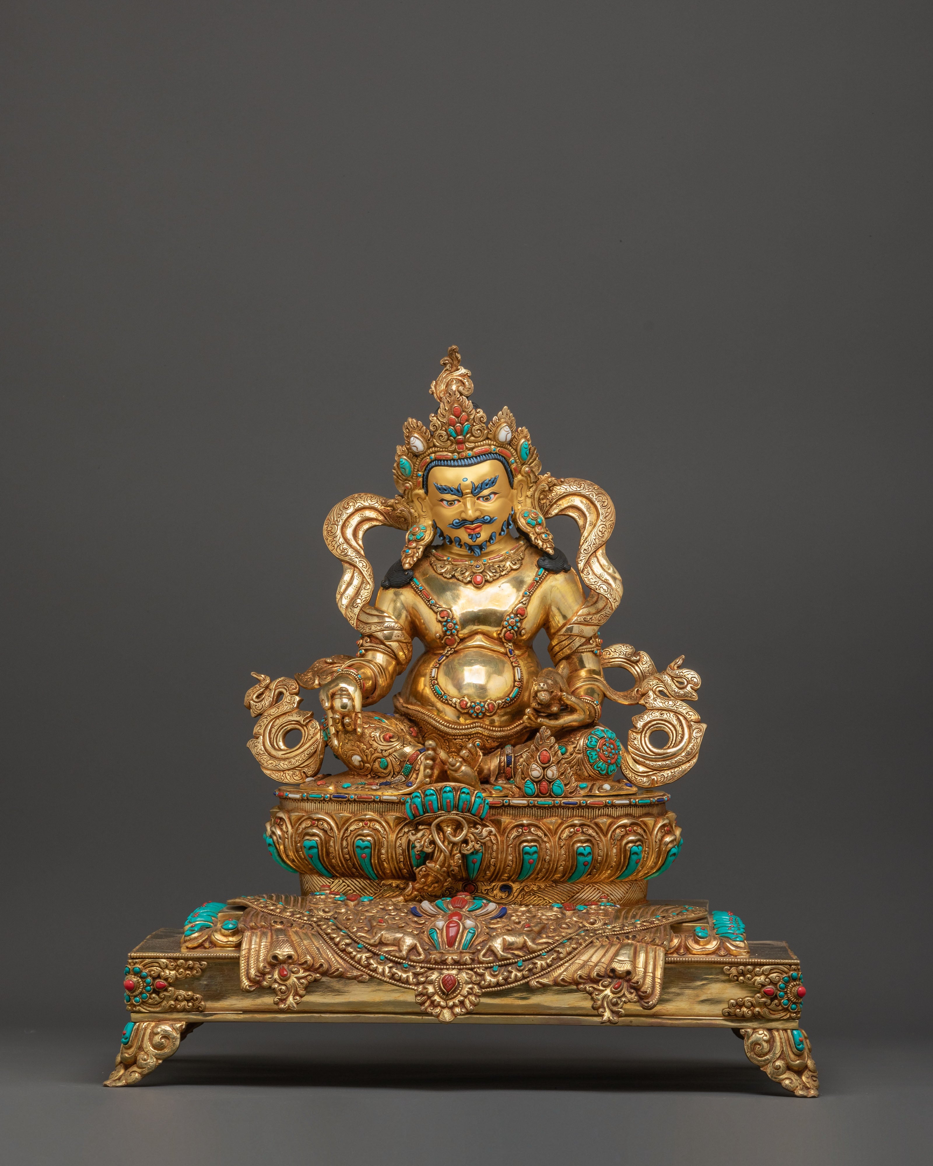 Majestic Dzambhala on Throne Handmade Statue – 24K Gold Gilded