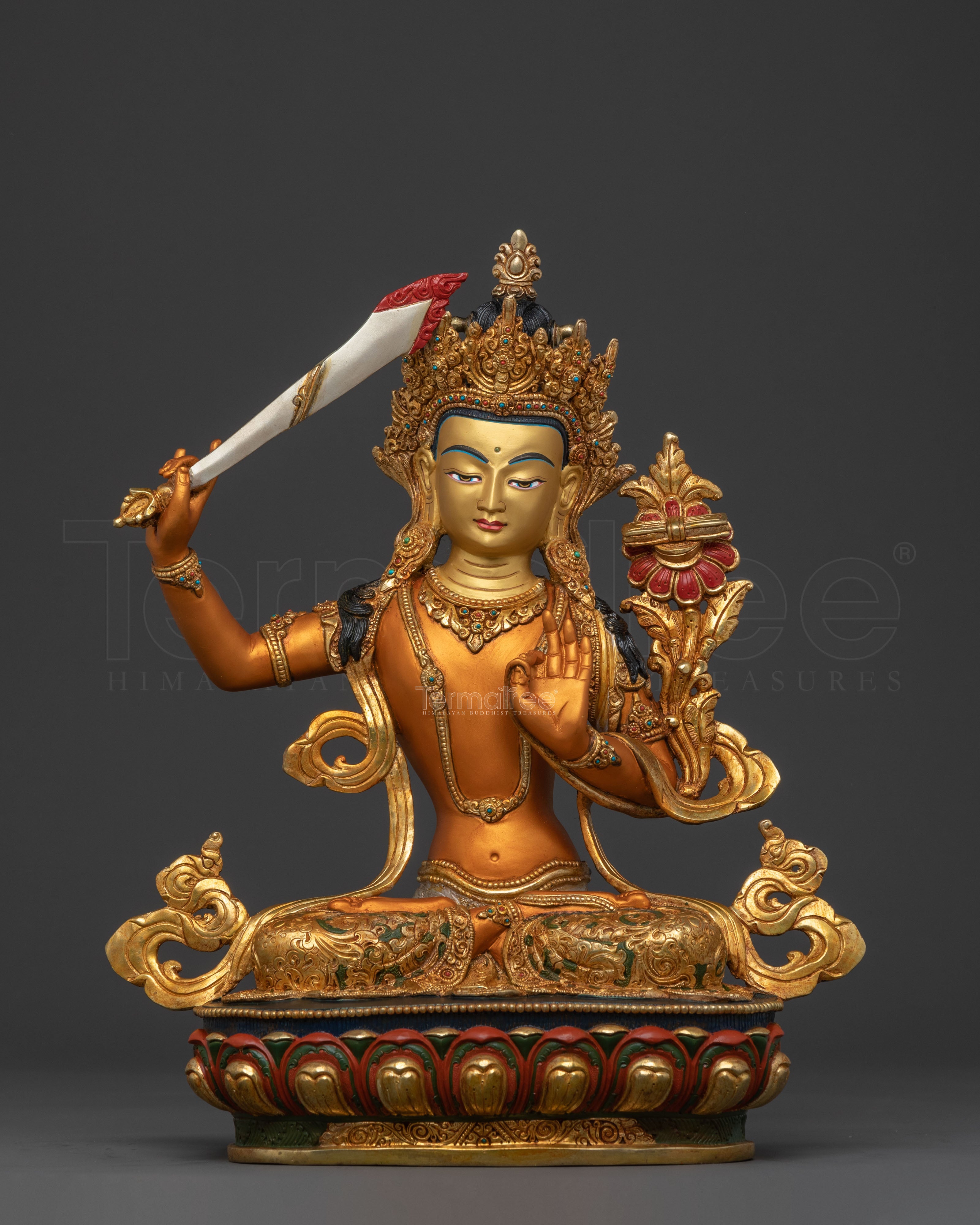 Manjushri Wisdom Statue | 24K Gold Gilded Figure
