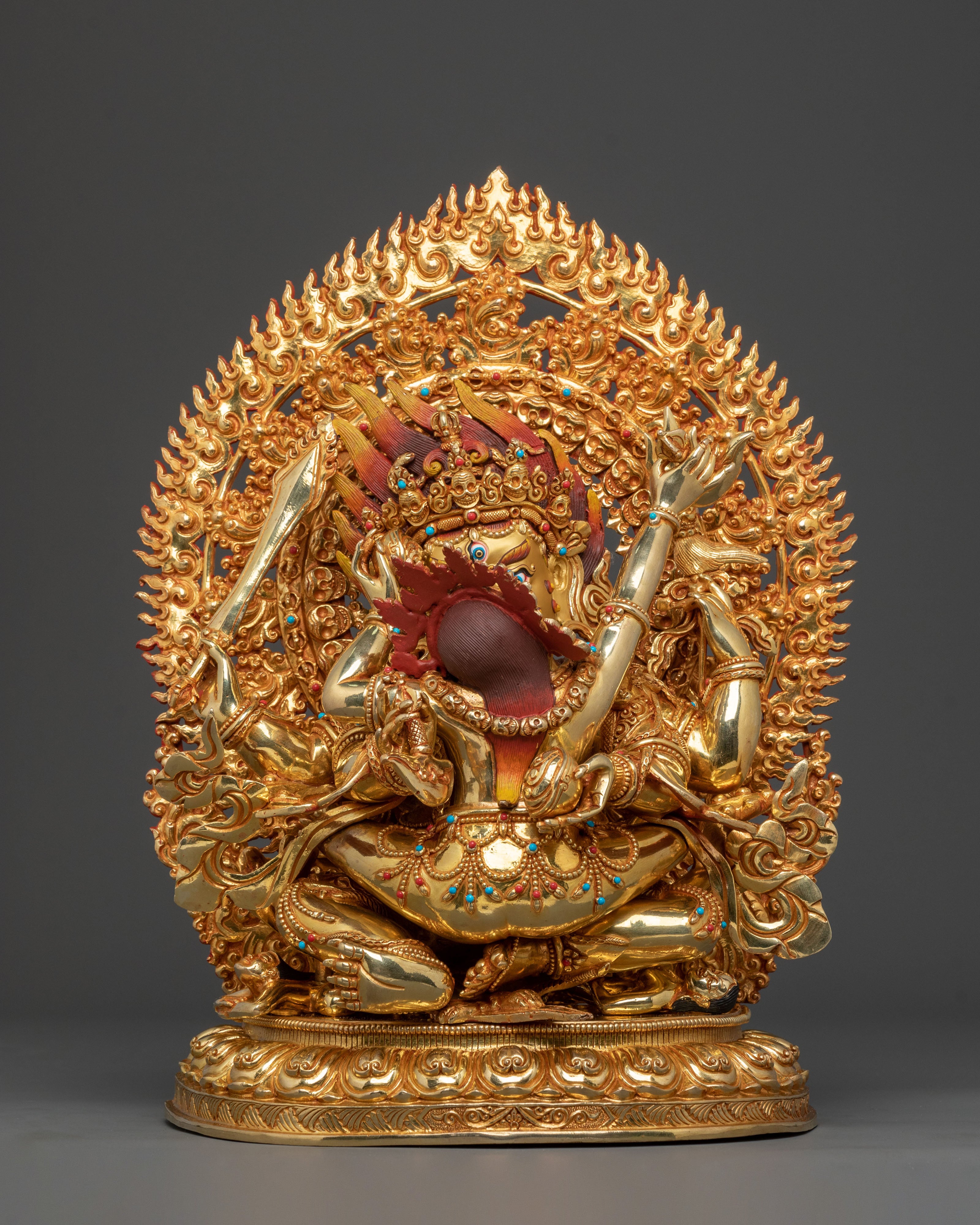 Chaturbhuja Mahakala Statue with Consort | Golden Figure