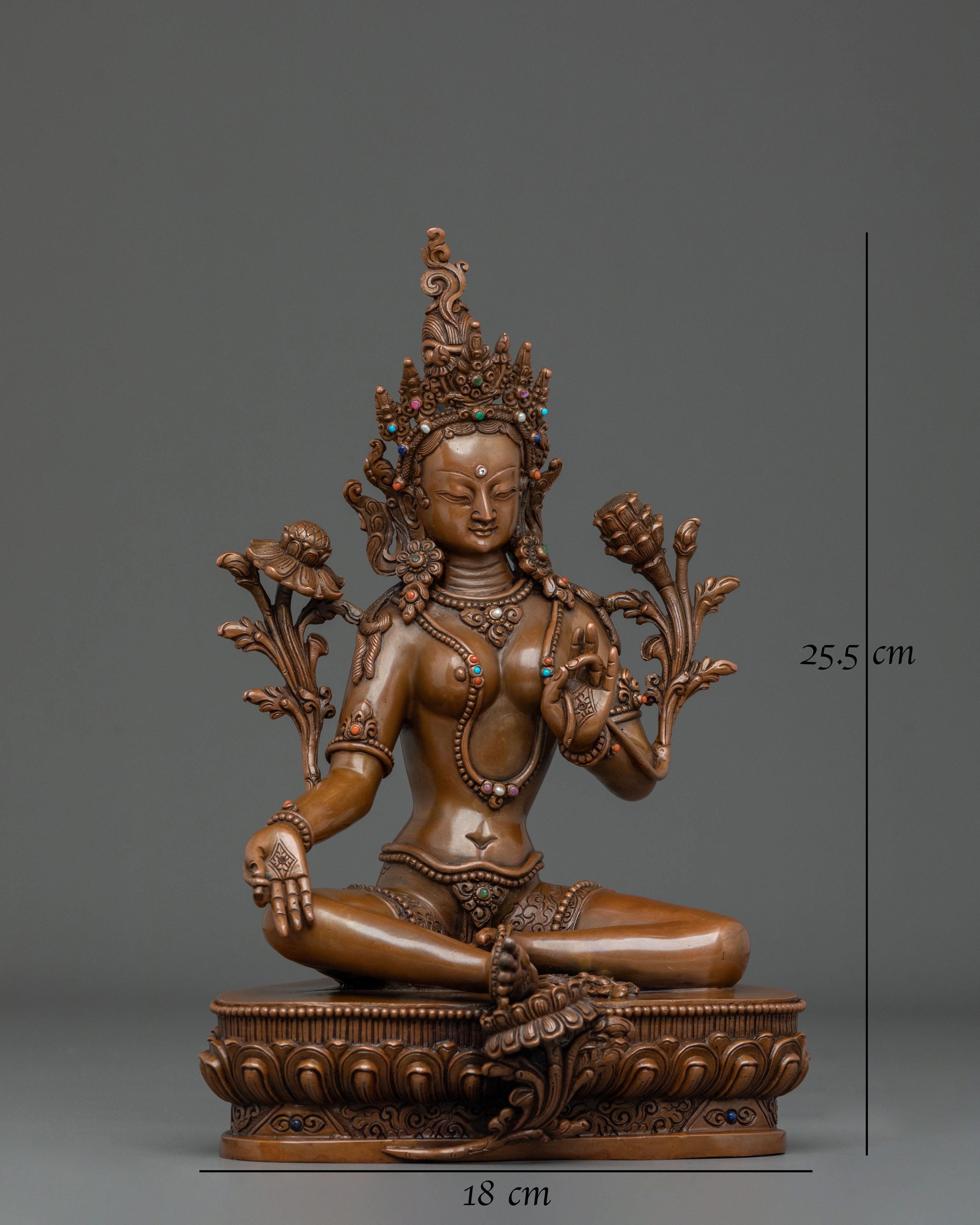 Green Tara Sculpture of Sacred Protection: Oxidized Copper Art
