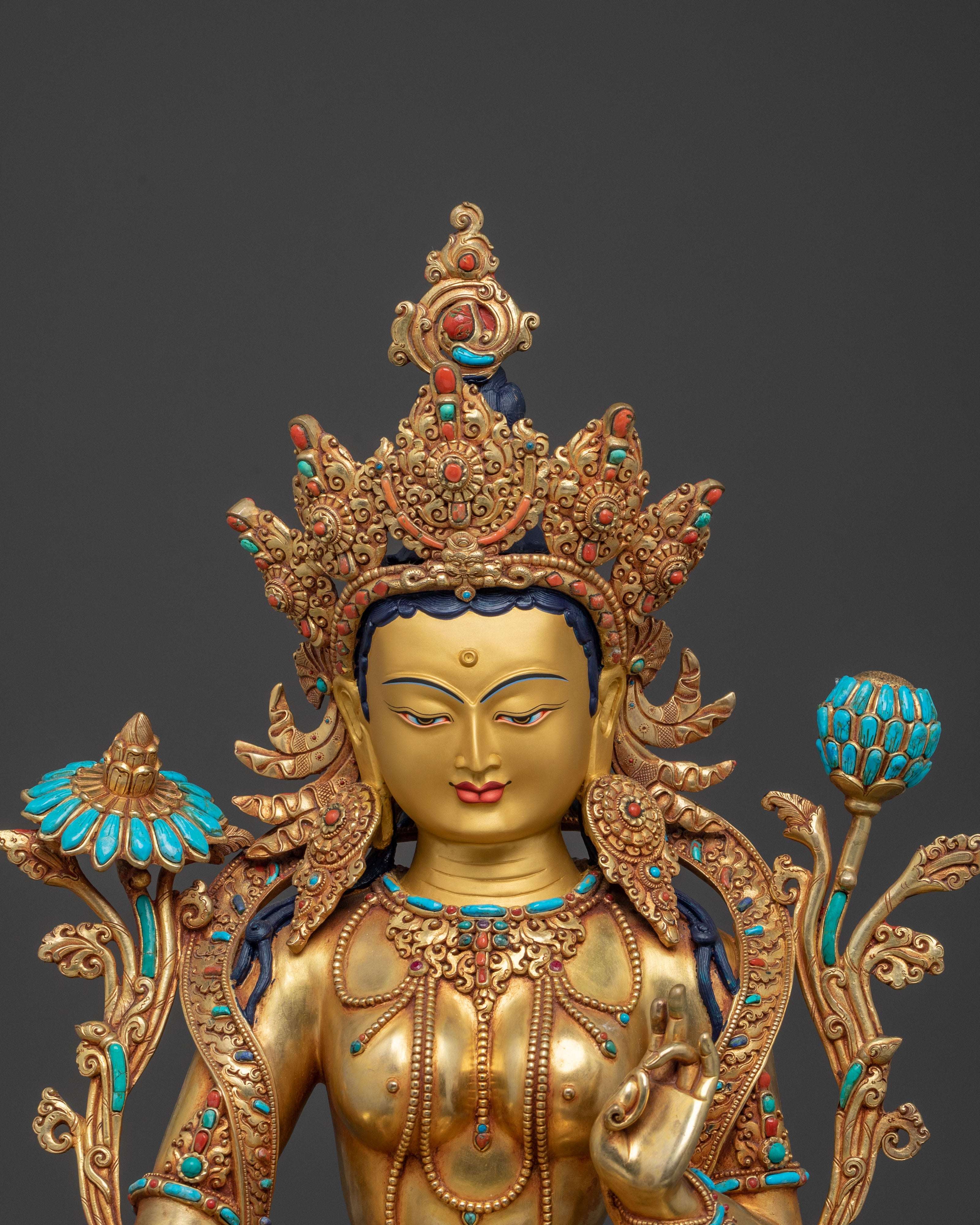 Handcrafted Green Tara Statue | 24K Gold Gilded