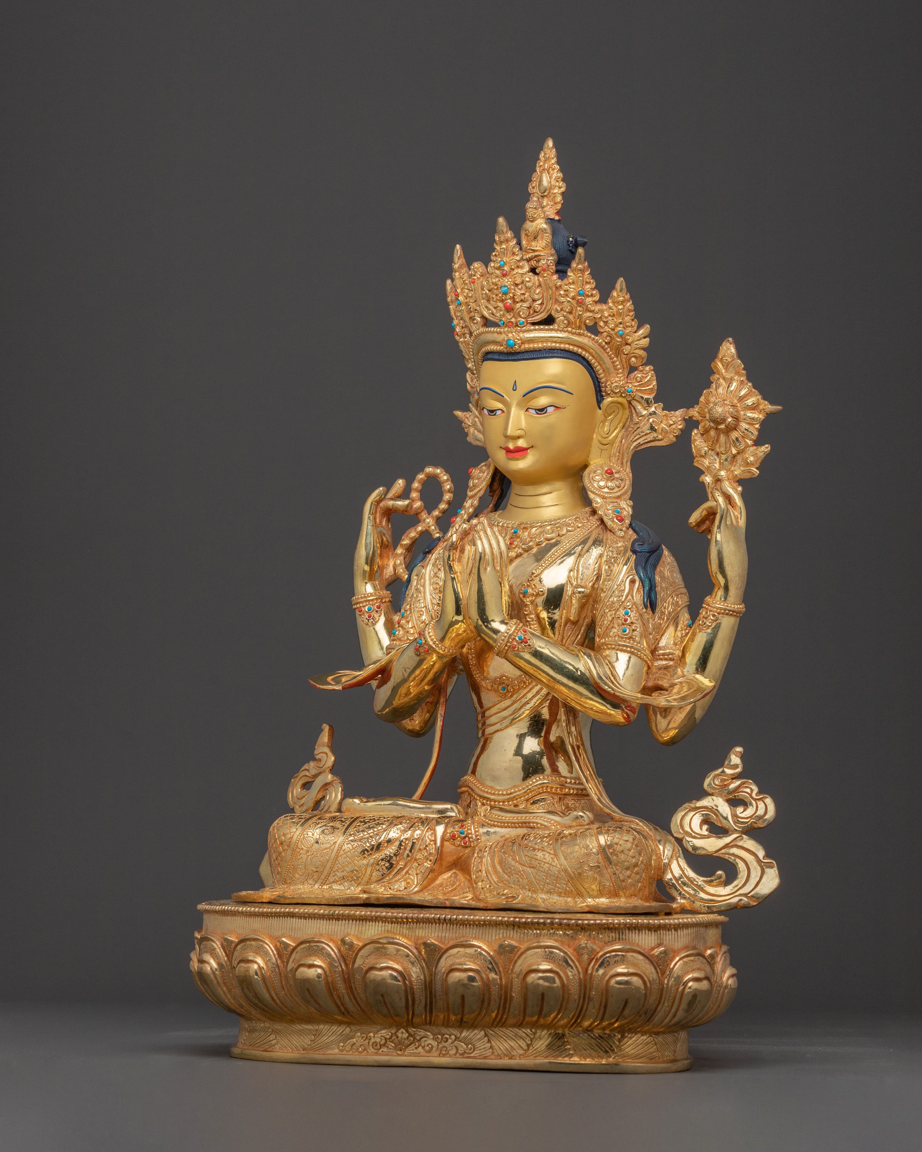 Chenrezig Mercy Bodhisattva Statue – Gilded Copper & Gemstone Art
