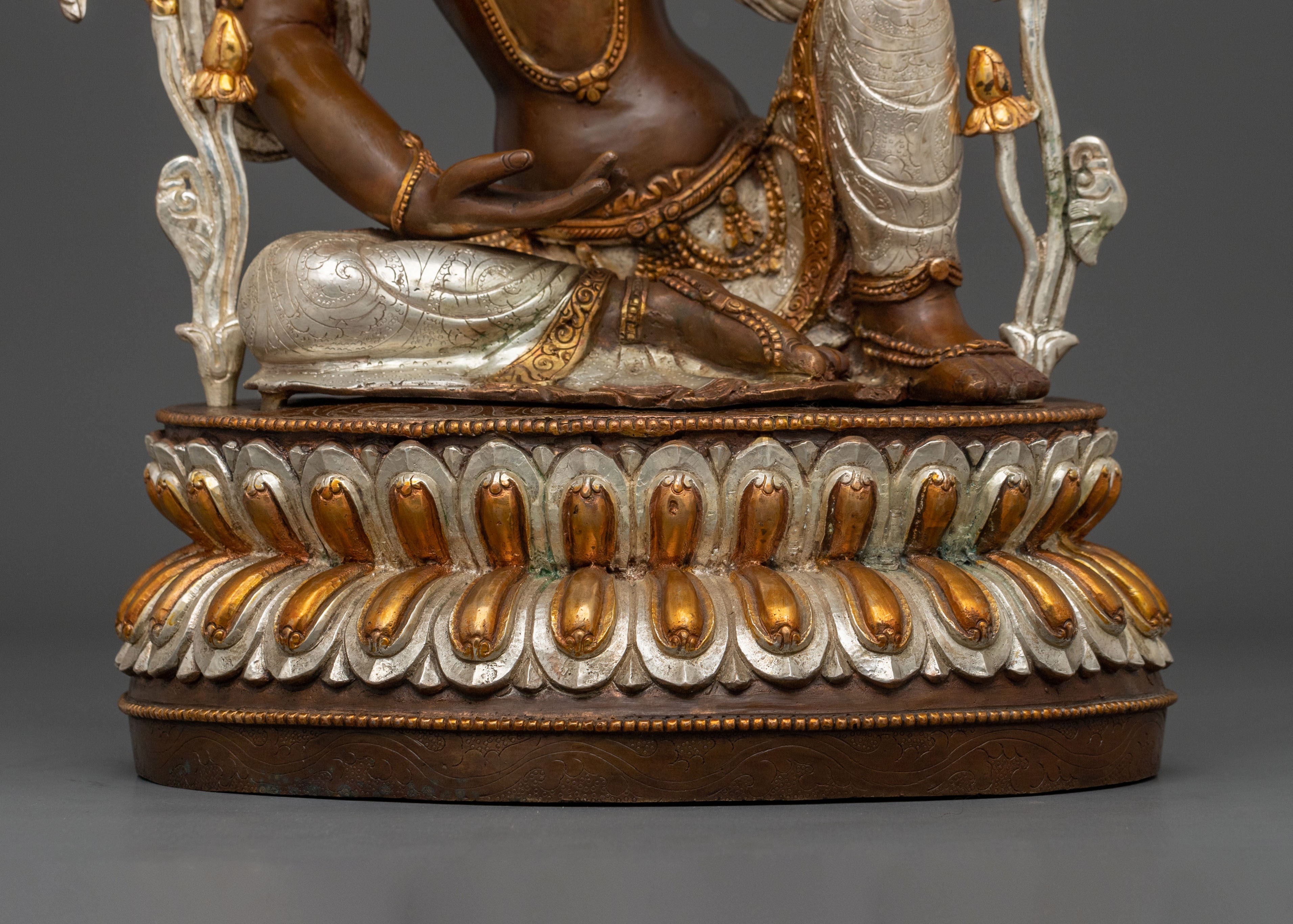 Avalokiteshvara Bodhisattva of Compassion Statue in Silver and Gold Plated