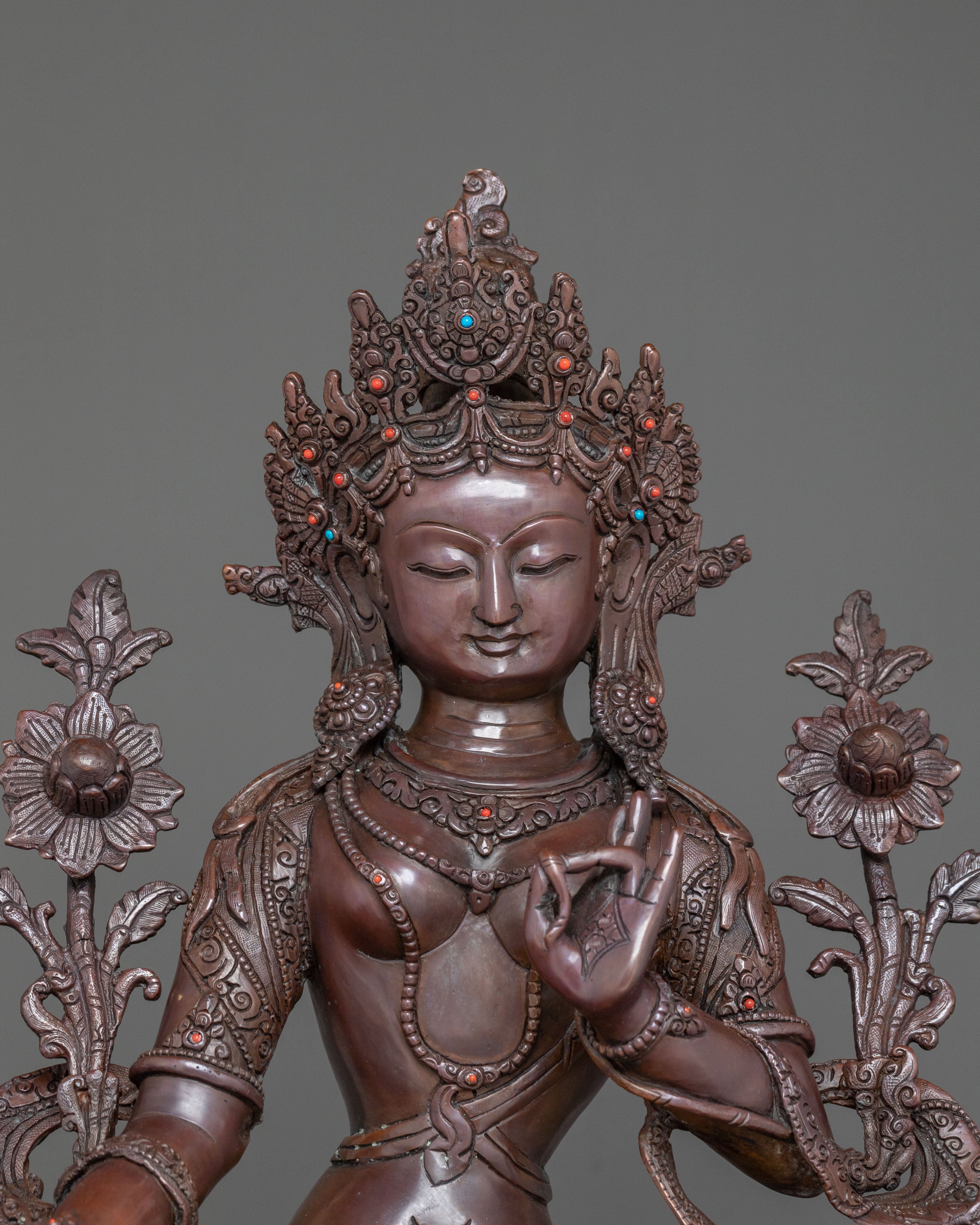 Green Tara Statue | Serene Oxidized Copper Guardian