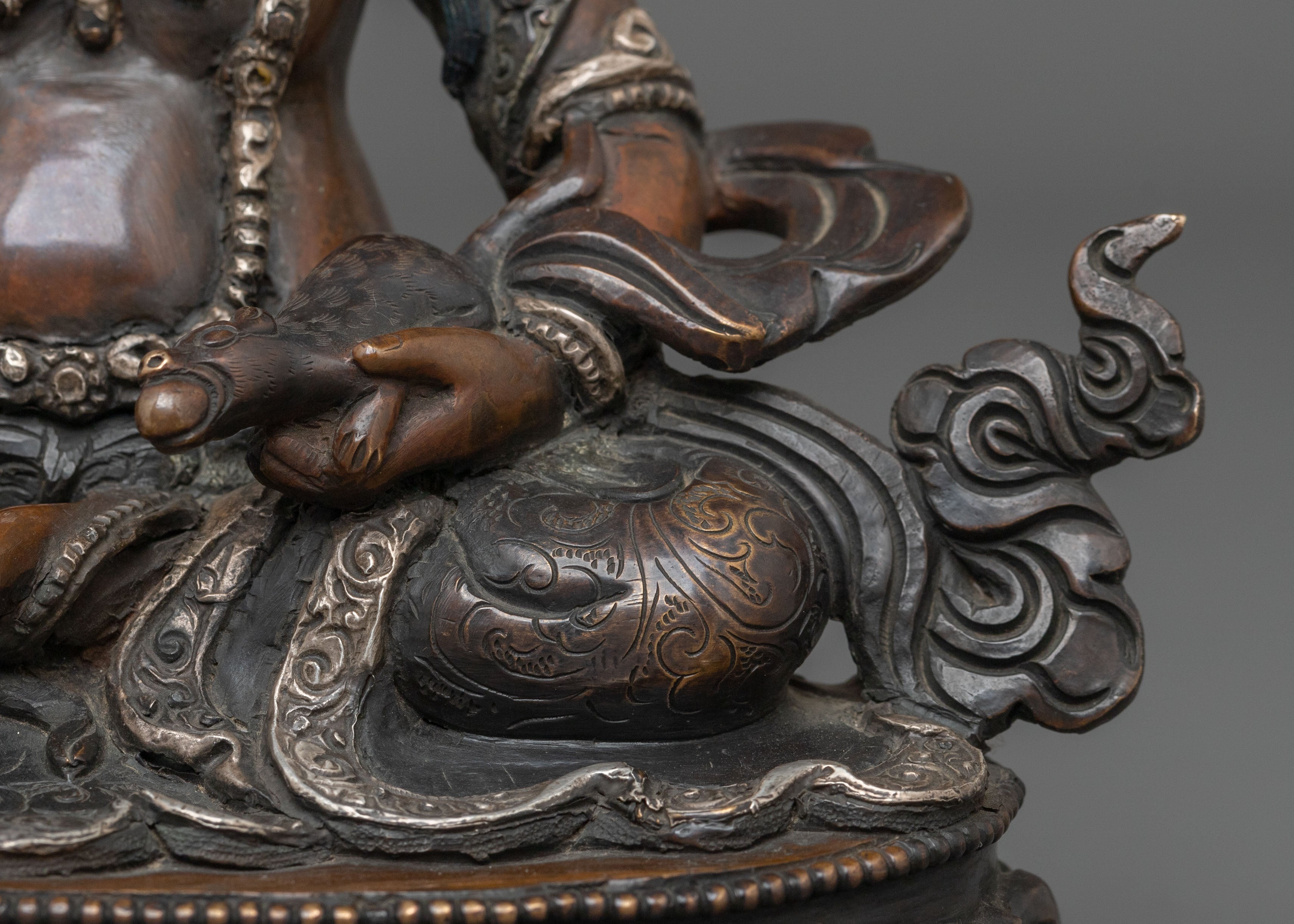 Dzambhala Statue in Oxidized Copper with Silver Plating