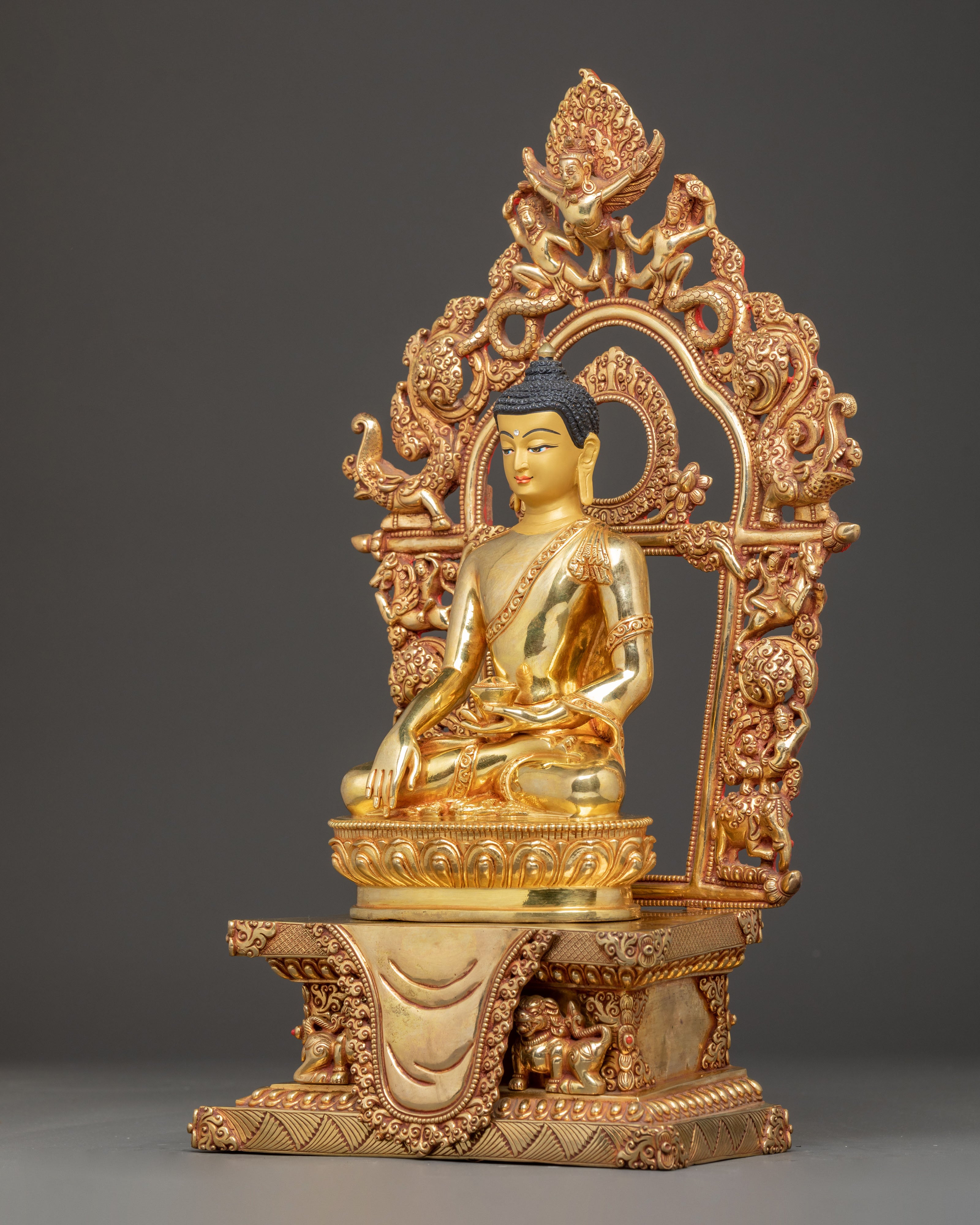 Handcrafted Sacred Statue of Shakyamuni Buddha on Throne | Peaceful Deity