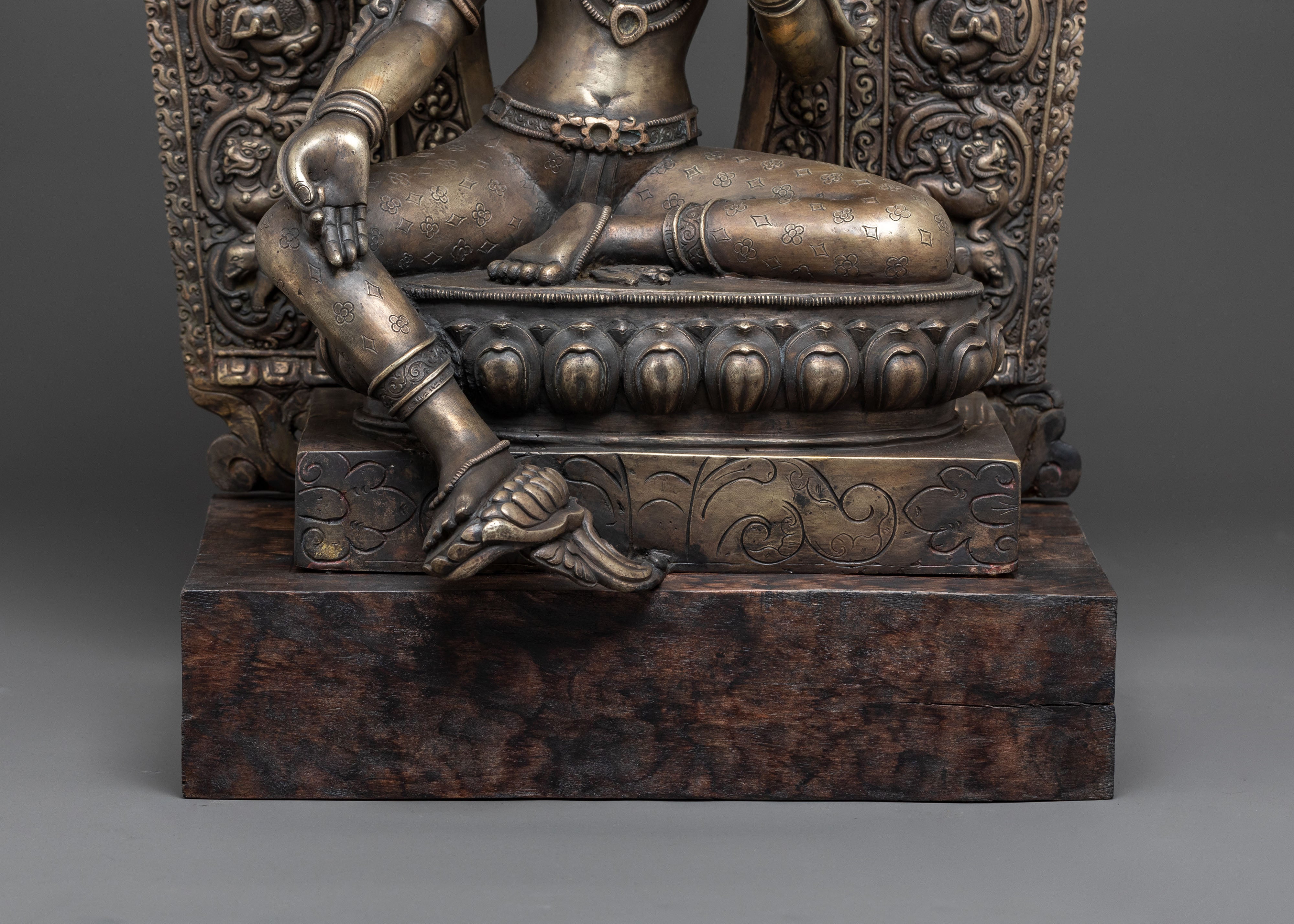 Green Tara Statue | Bronze Figure with Wooden Base