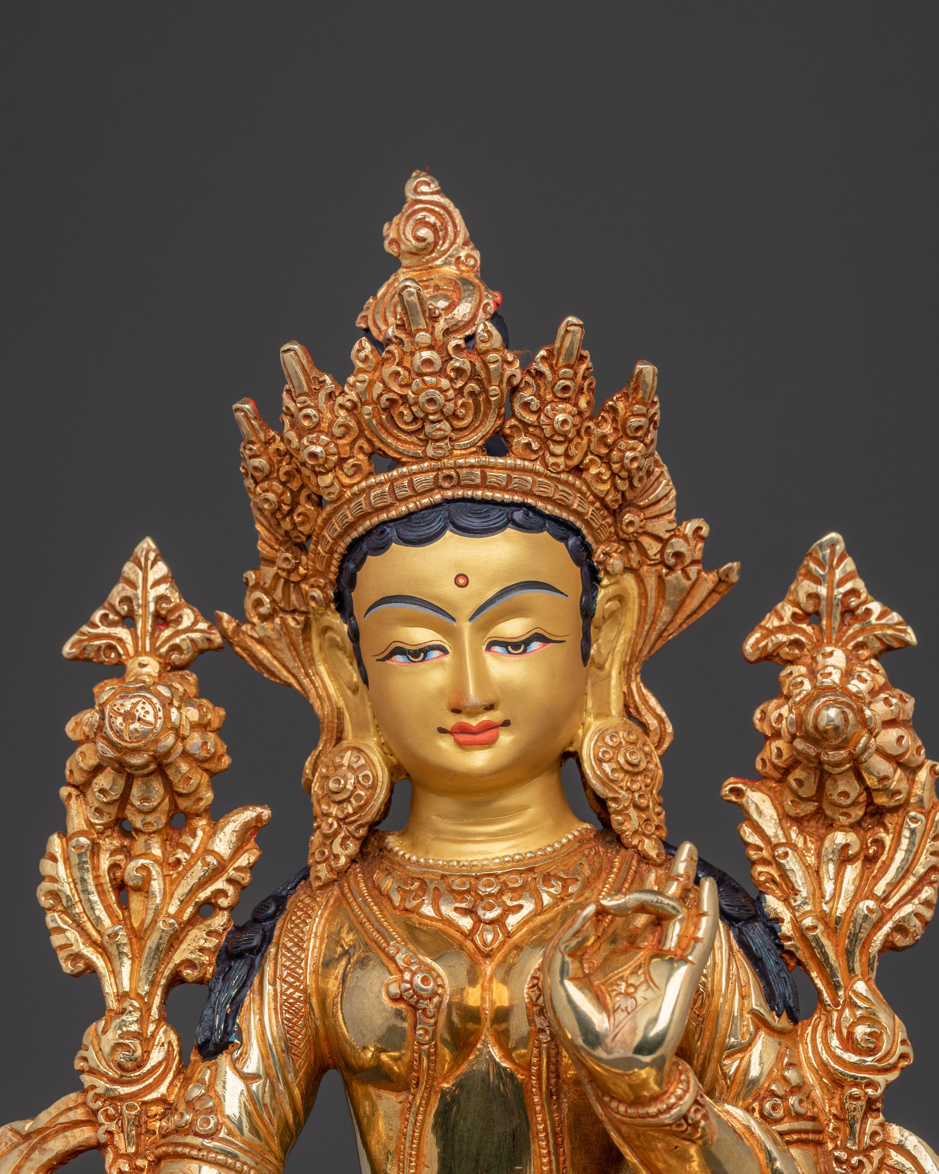 Handcrafted Goddess of Protection Green Tara Statue – 24K Gold Gilded Art
