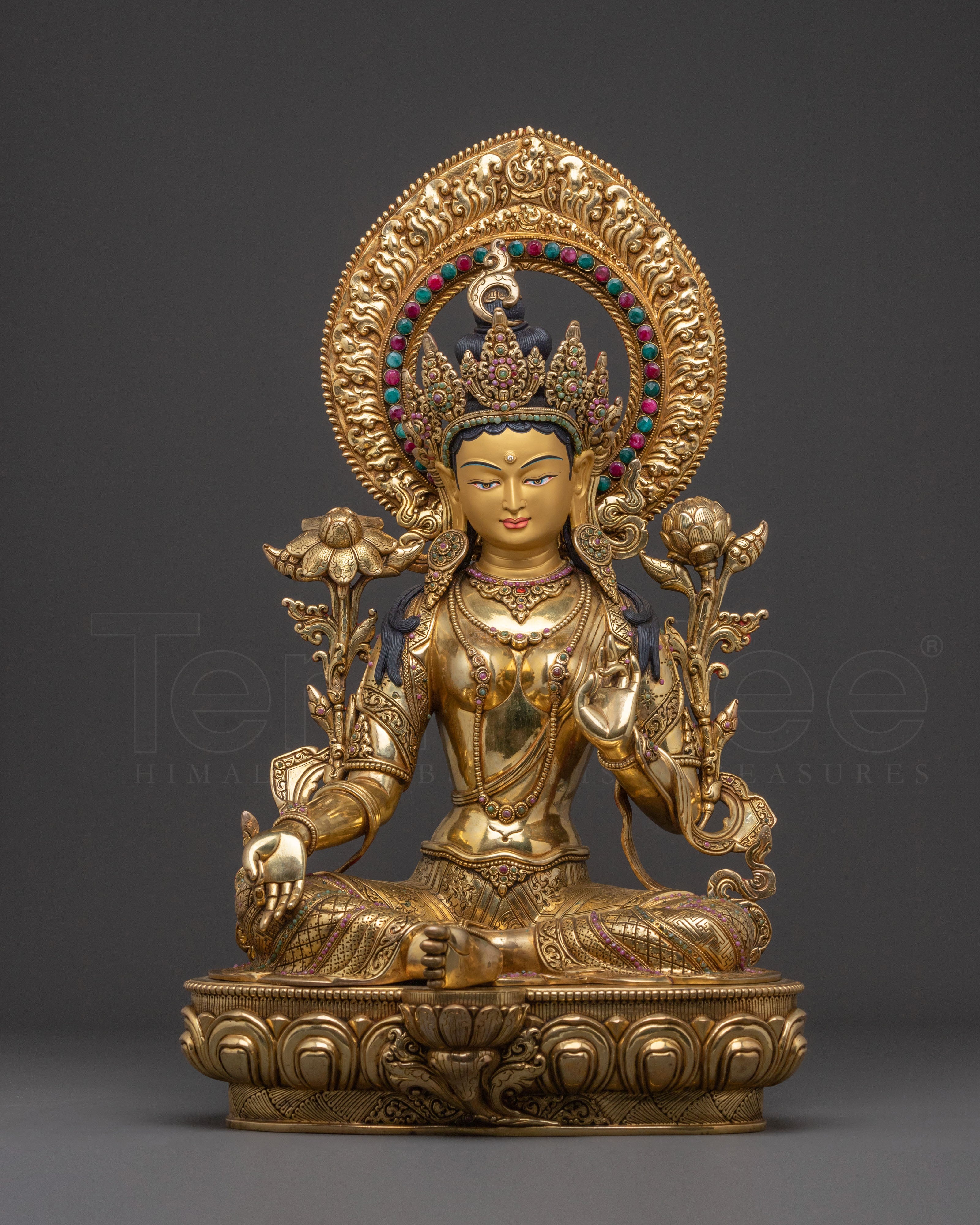 Sacred Statue of Green Tara: Exquisite 24K Gold Gilded