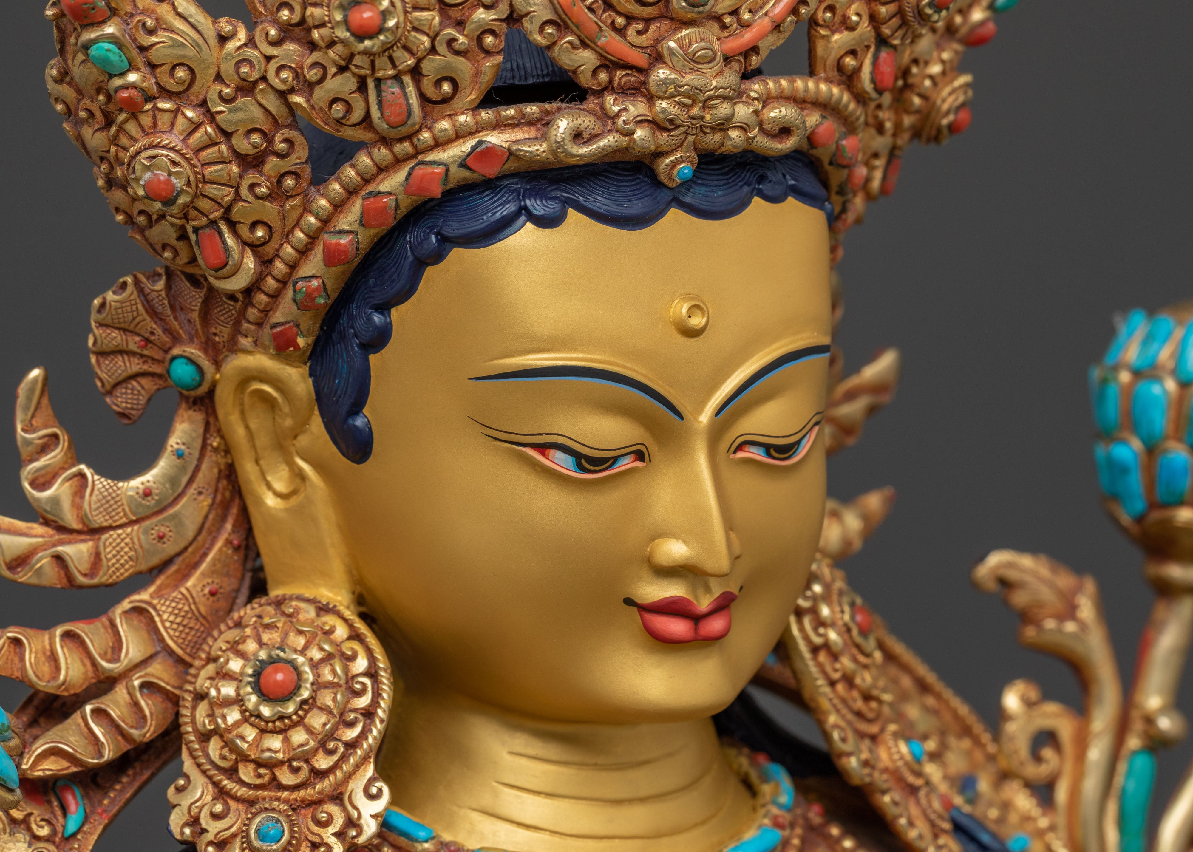 Handcrafted Green Tara Statue | 24K Gold Gilded