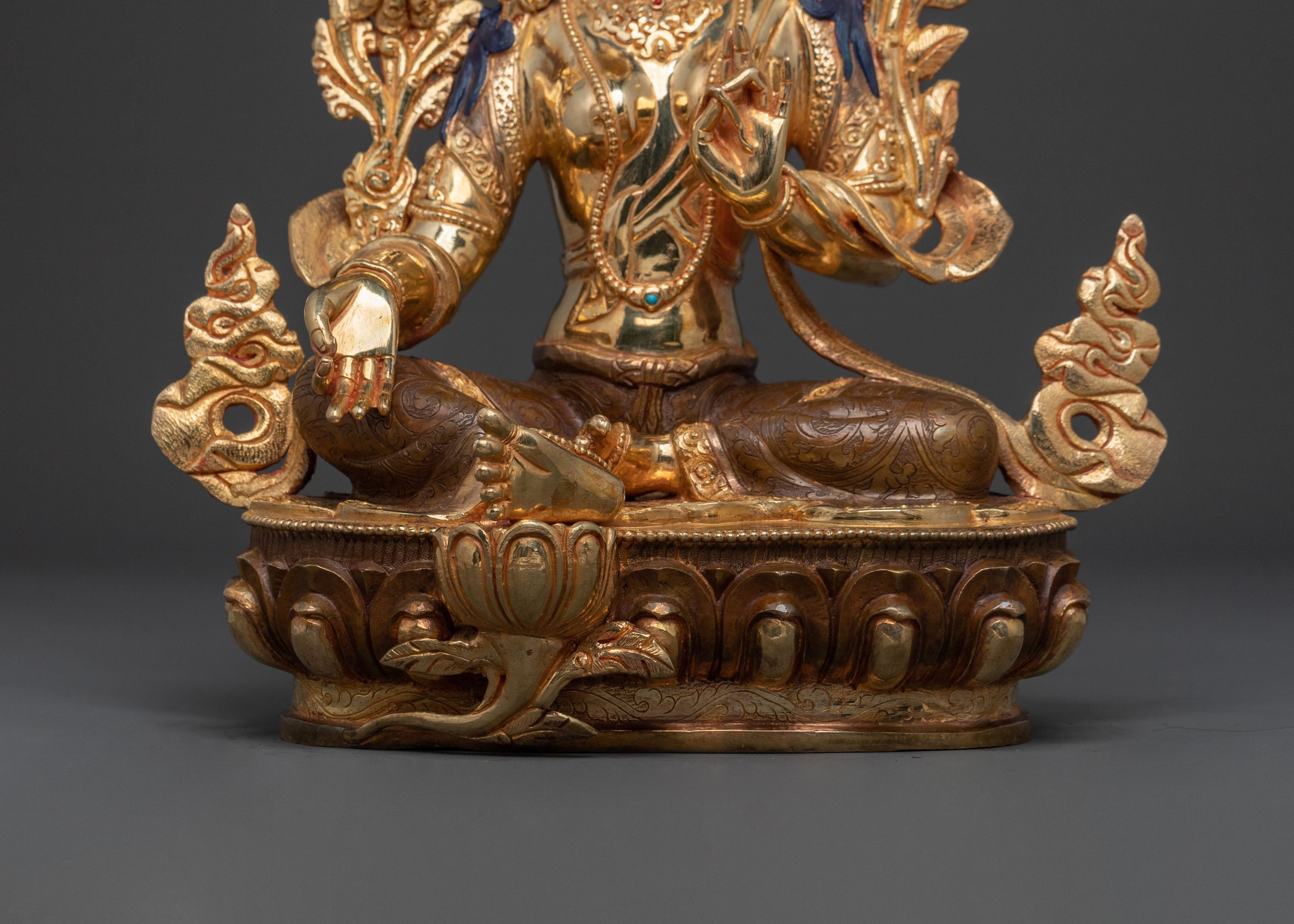 Green Tara Statue: 24K Gold Gilded Copper Sculpture